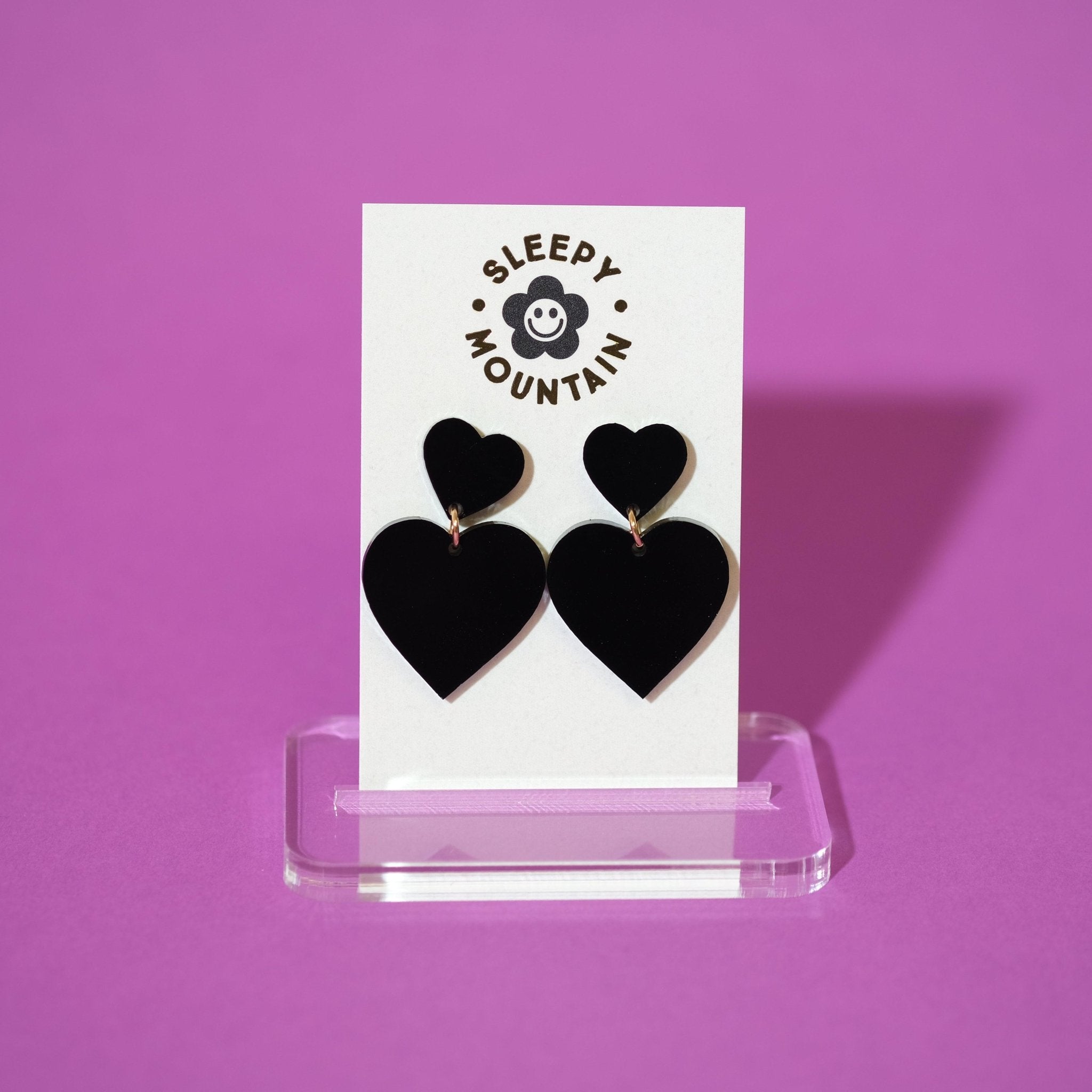 Black Double Heart Dangle Earrings - Sleepy Mountain