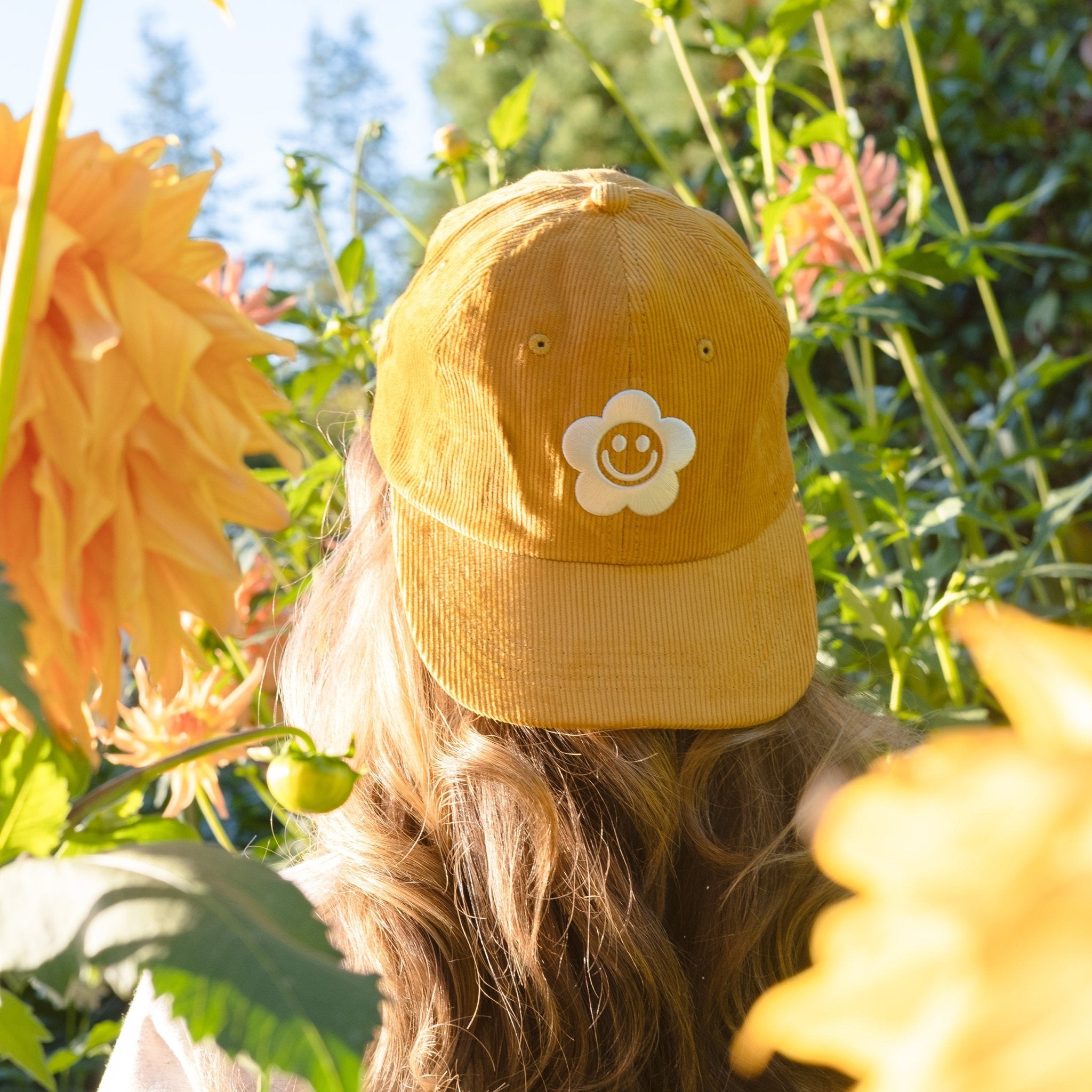Smiley Flower Yellow Corduroy Dad Hat - Sleepy Mountain