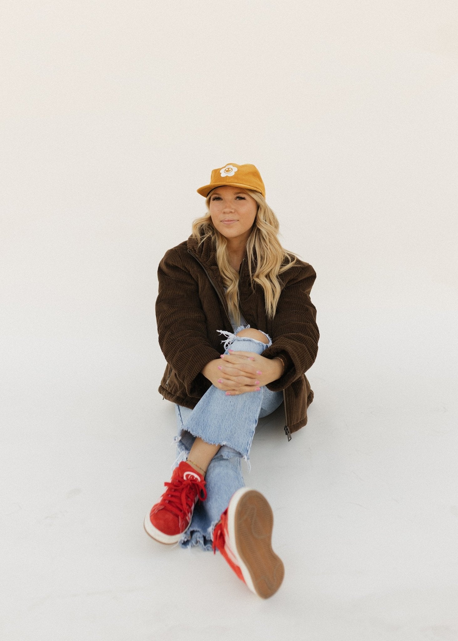 Smiley Flower Yellow Corduroy Dad Hat - Sleepy Mountain