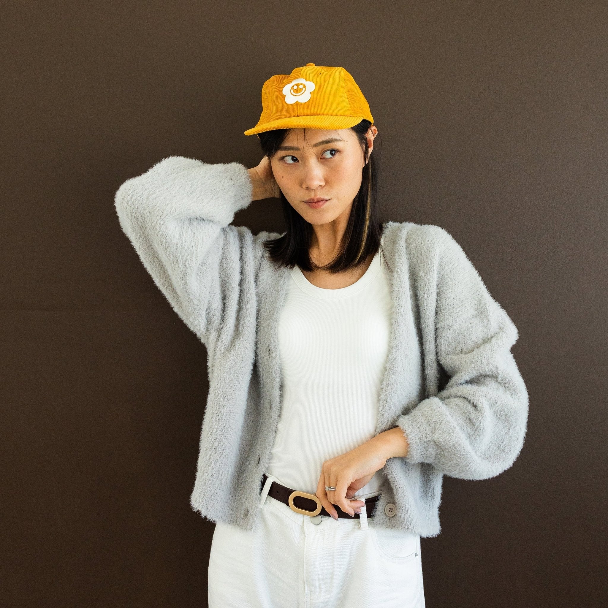 Smiley Flower Yellow Corduroy Dad Hat - Sleepy Mountain