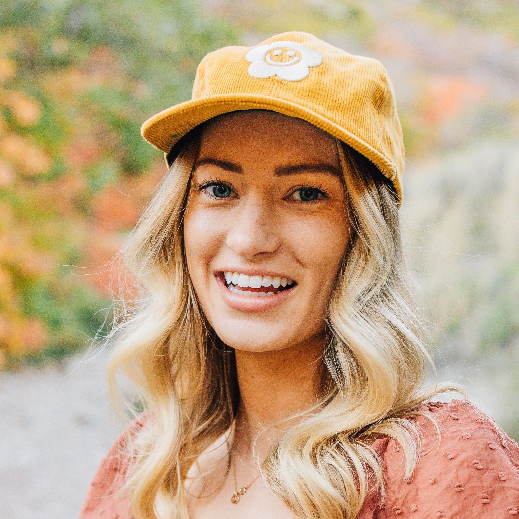 Smiley Flower Yellow Corduroy Dad Hat - Sleepy Mountain