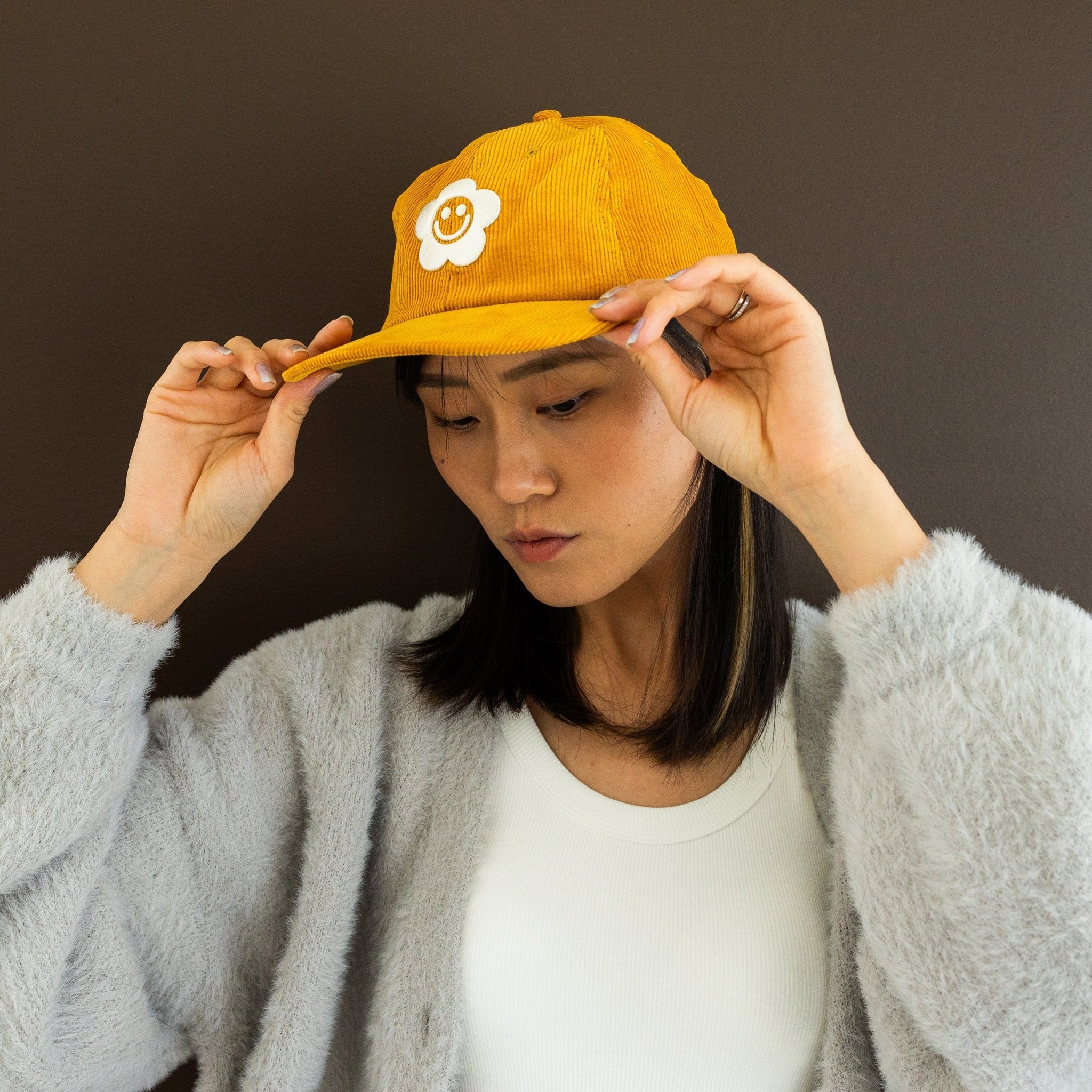 Smiley Flower Yellow Corduroy Dad Hat - Sleepy Mountain