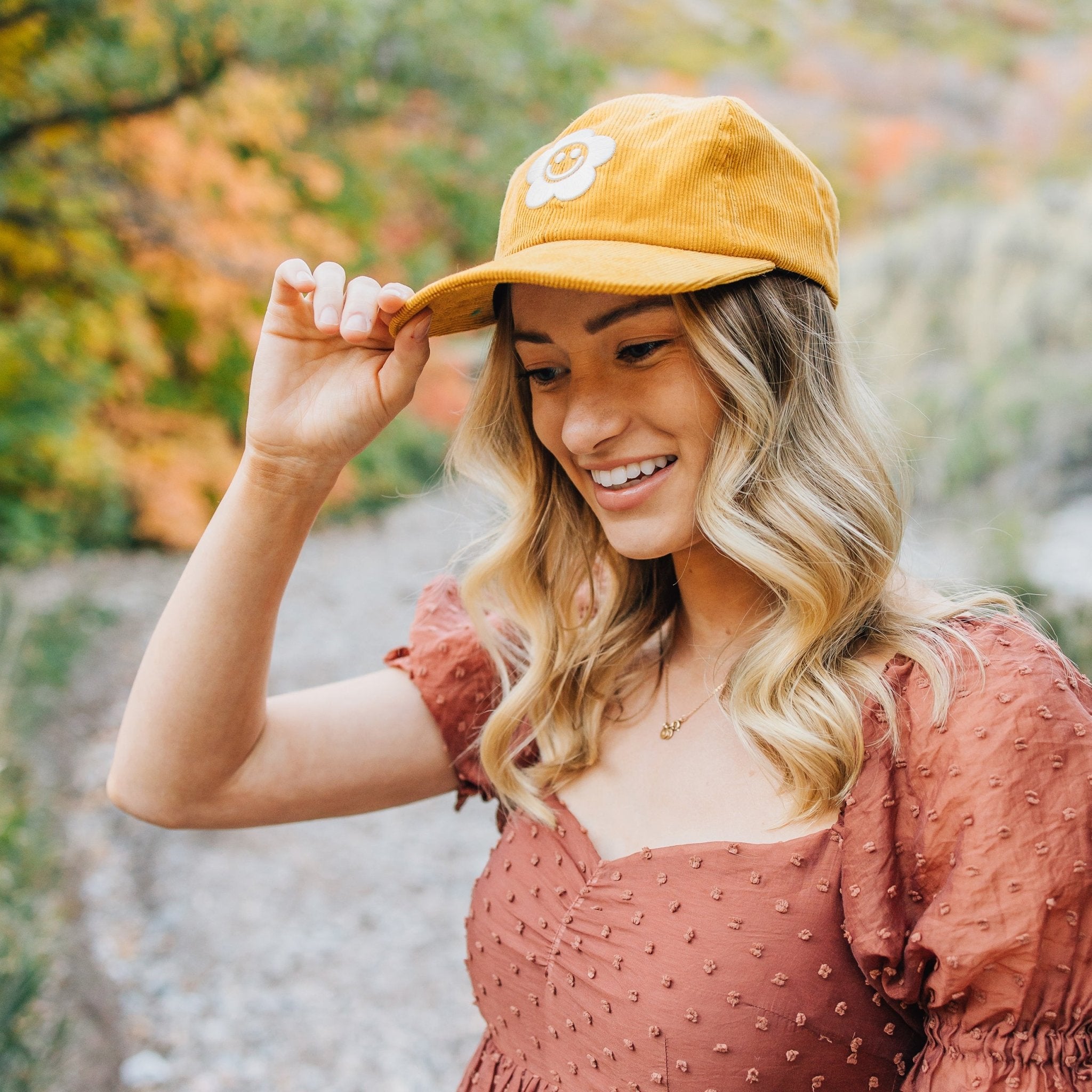 Smiley Flower Yellow Corduroy Dad Hat - Sleepy Mountain