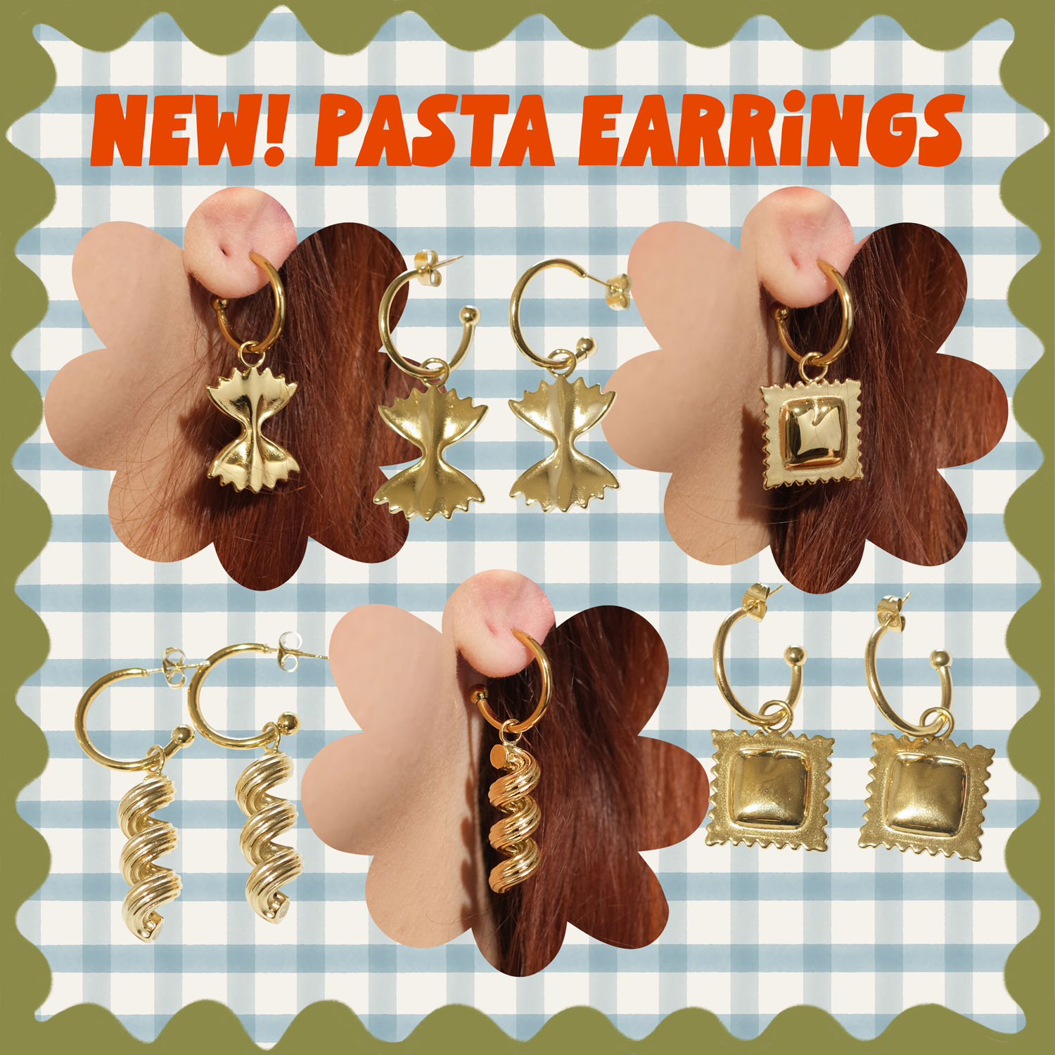 New pasta earrings from Sleepy Mountain — farfalle, ravioli, and cavatappi gold PVD stainless steel hoop earrings styled on ear against gingham background