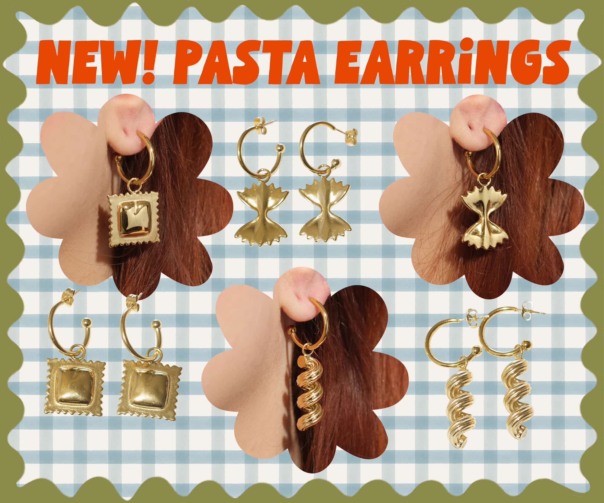 A collage for pasta-shaped earrings, with the text 'NEW! PASTA EARRINGS' at the top. Five pairs of gold-toned earrings are shown, each shaped like a different pasta form: square ravioli, bowtie, cavatappi