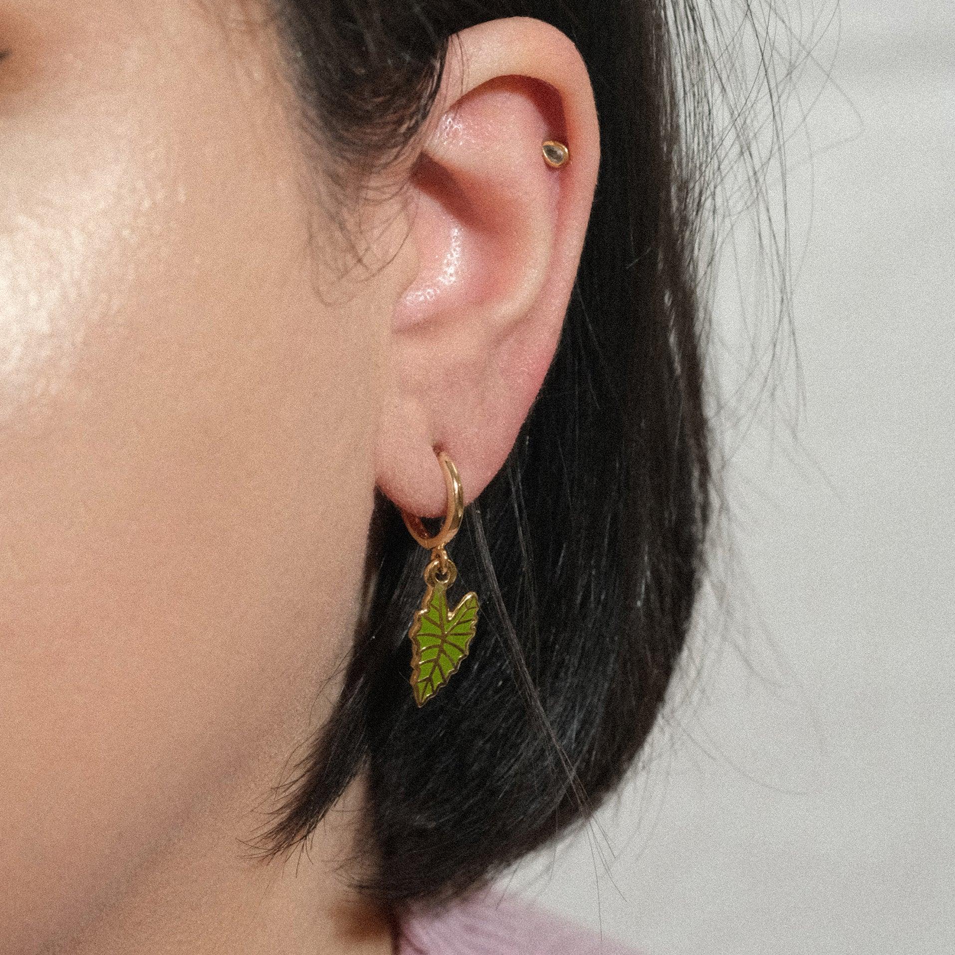 Alocasia Polly Leaf Plant Huggie Hoop Earrings - Sleepy Mountain