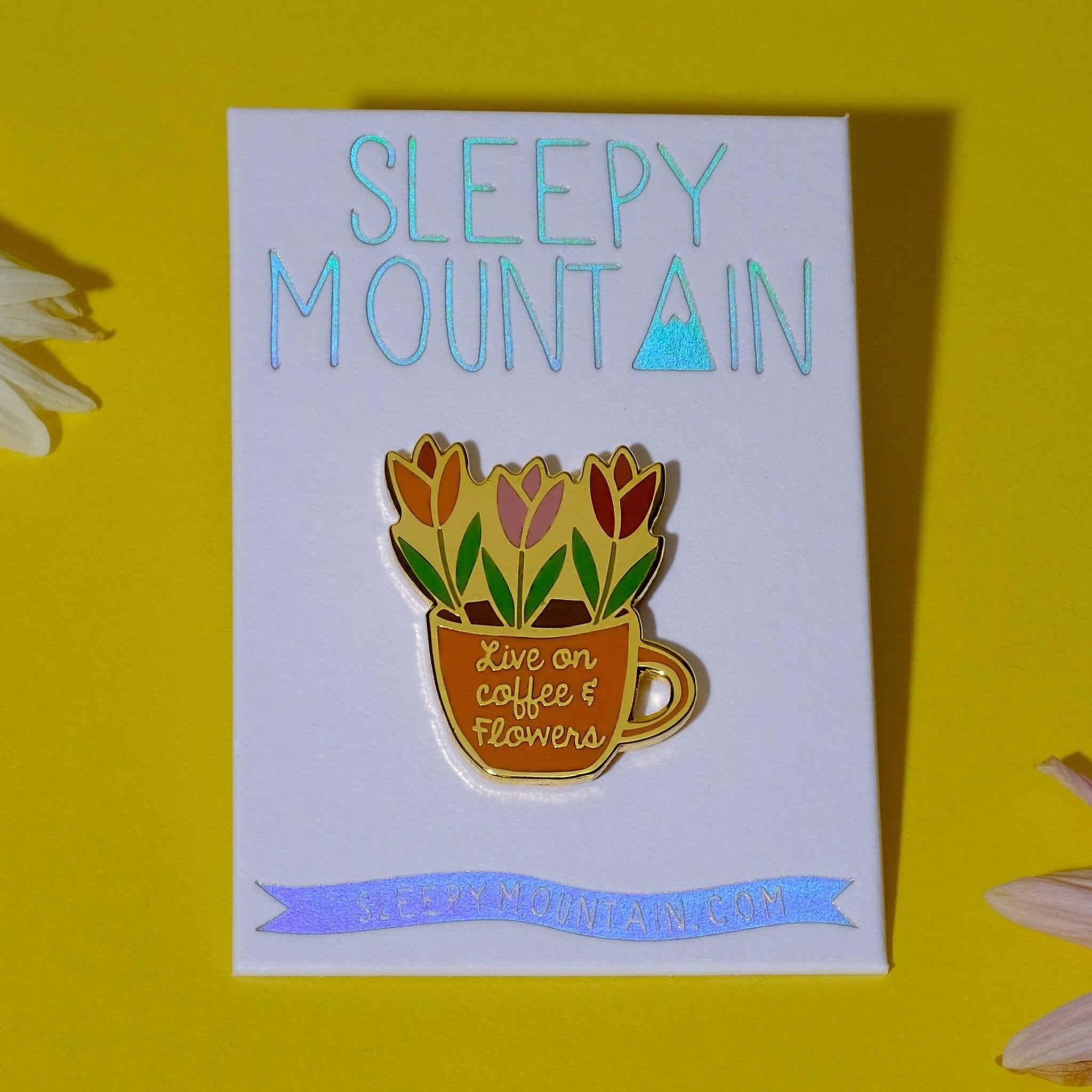 Coffee & Flowers Enamel Pin - Sleepy Mountain