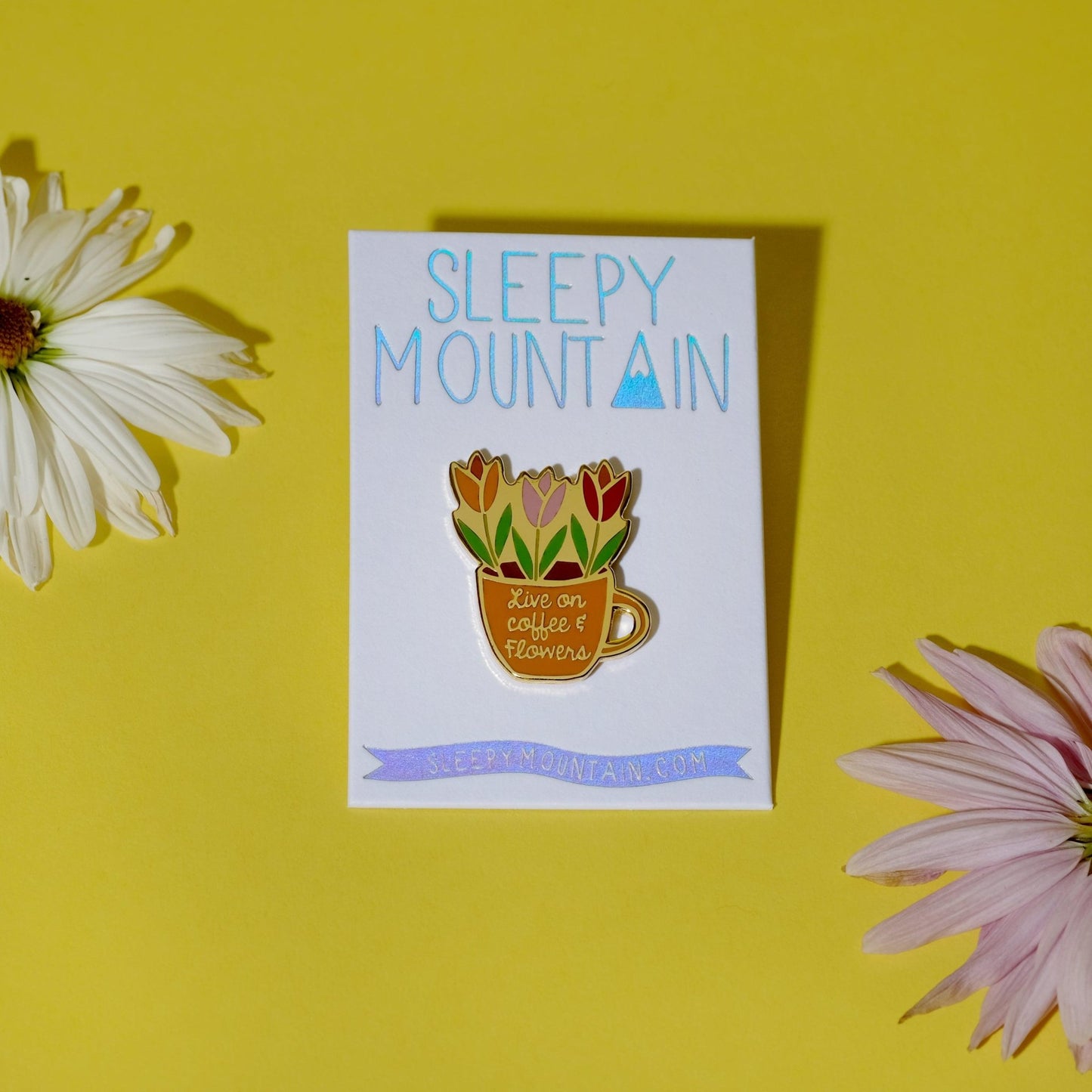 Coffee & Flowers Enamel Pin - Sleepy Mountain