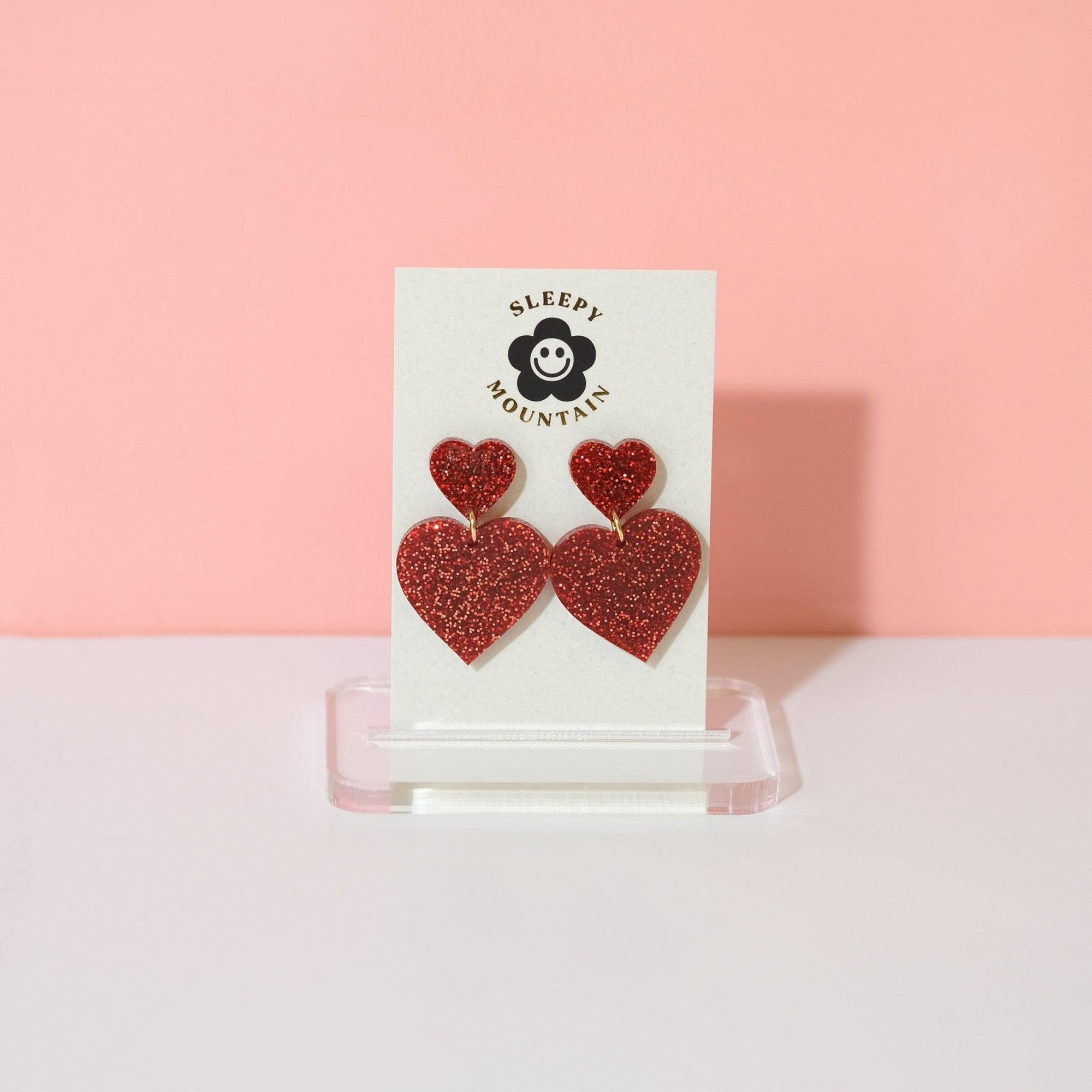 Double Heart Dangle Earrings - Red Glitter - Sleepy Mountain