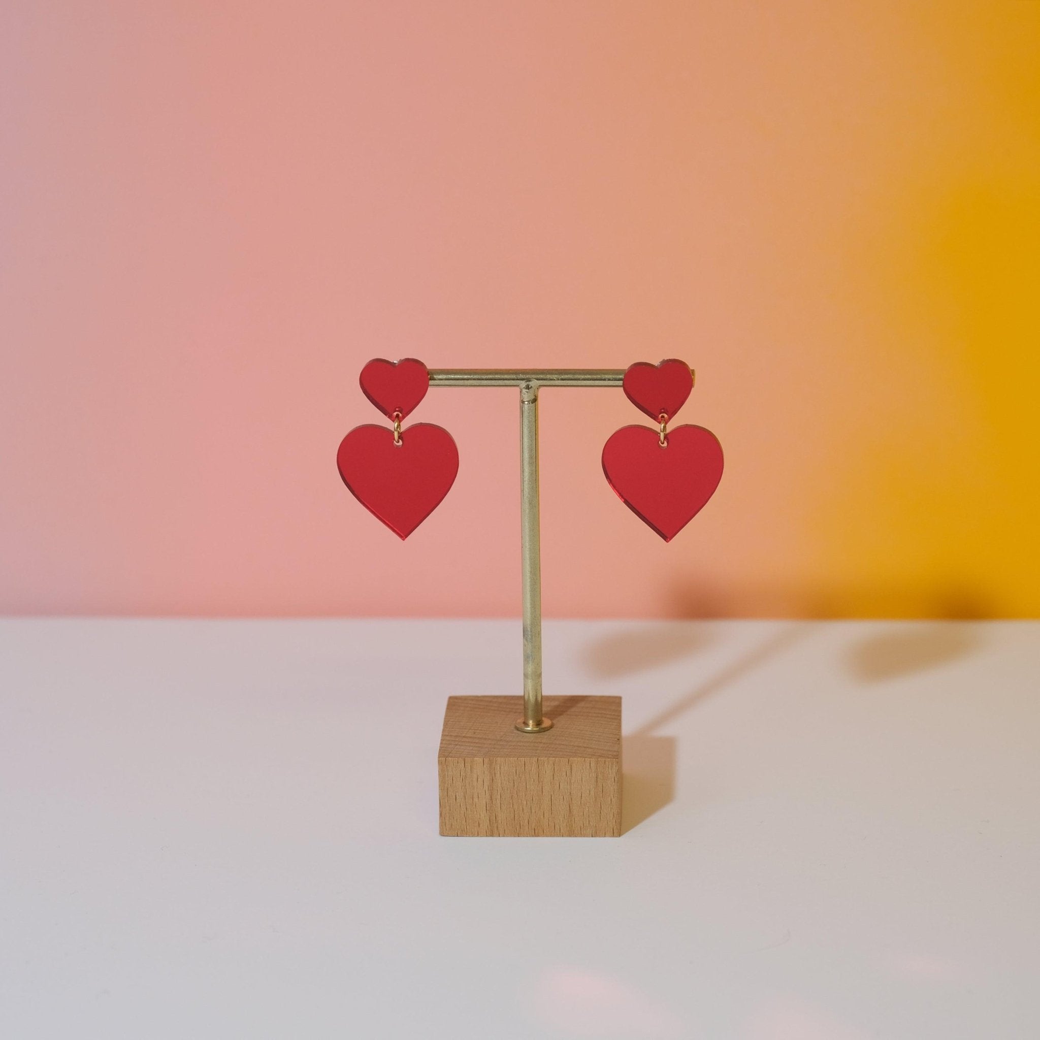 Double Heart Dangle Earrings - Red Mirror Acrylic - Sleepy Mountain