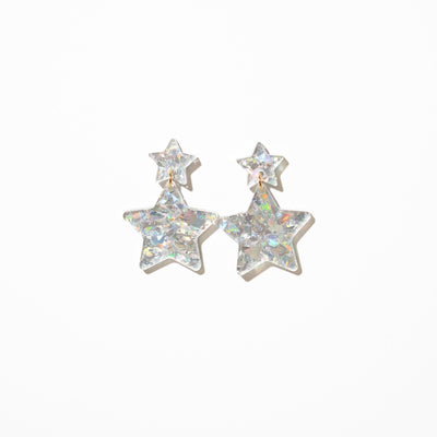 Double Star Dangle Earrings - Iridescent Silver Glitter - Sleepy Mountain