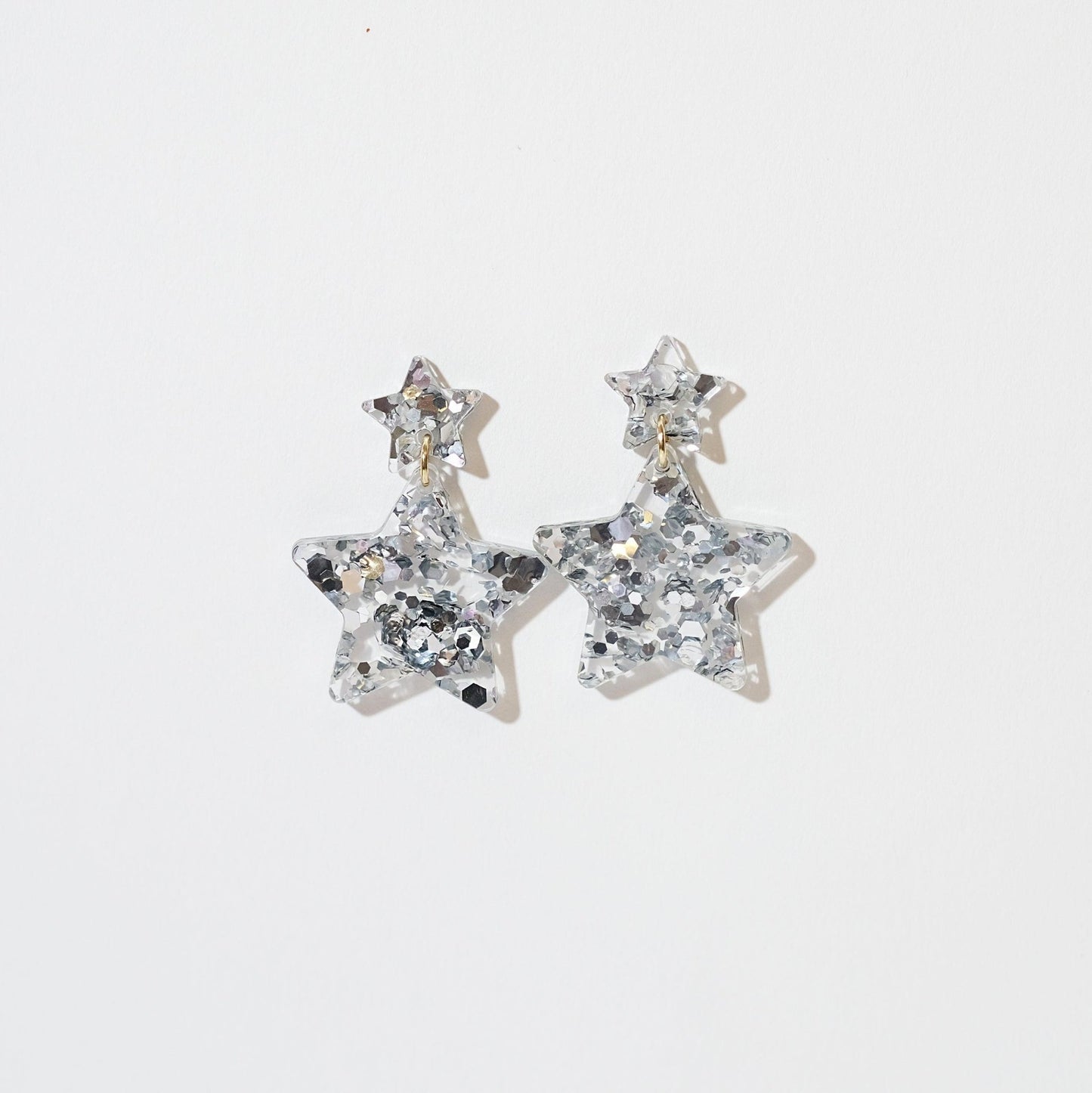 Double Star Dangle Earrings - Silver Glitter - Sleepy Mountain
