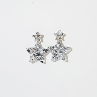 Double Star Dangle Earrings - Silver Glitter - Sleepy Mountain