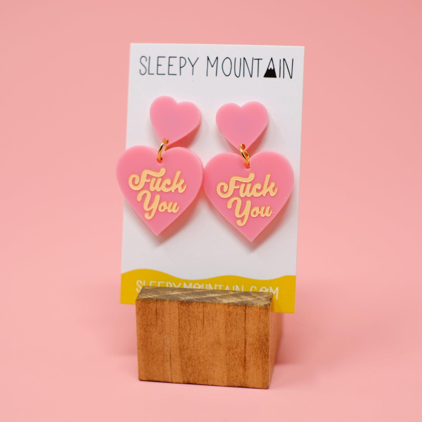 F U Double Heart Dangle Earrings - Pink - Sleepy Mountain