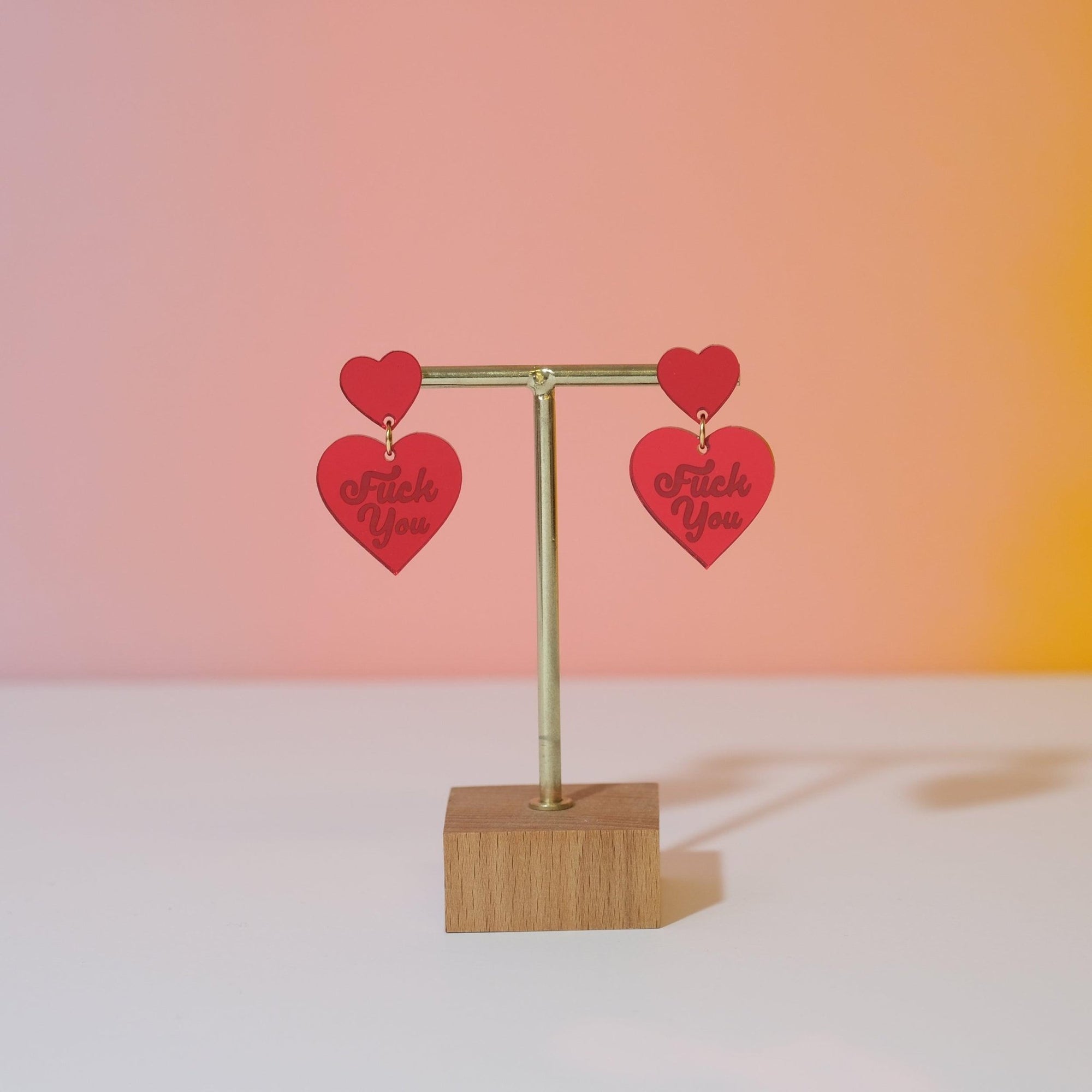 F U Double Heart Dangle Earrings - Red Mirror Acrylic - Sleepy Mountain