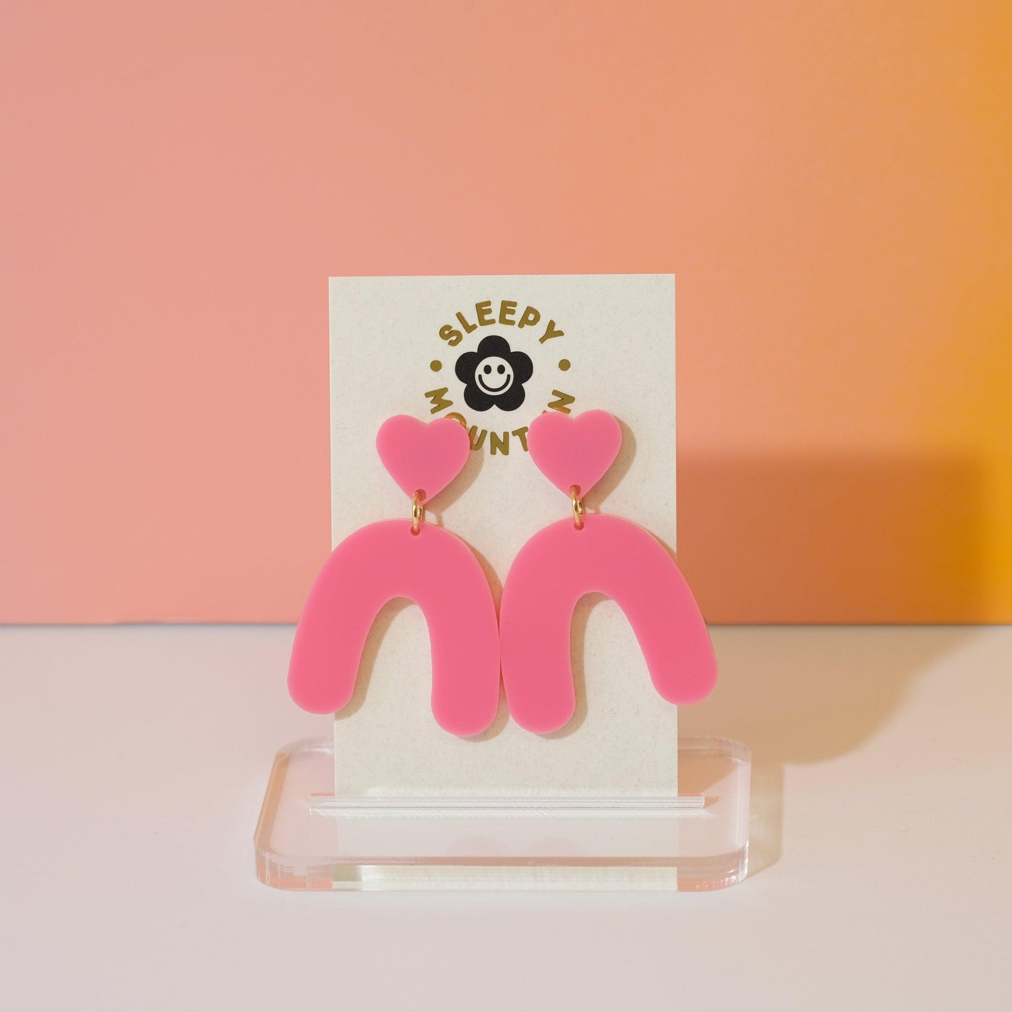 Heart Arches - Pink Acrylic Dangle Earrings - Sleepy Mountain