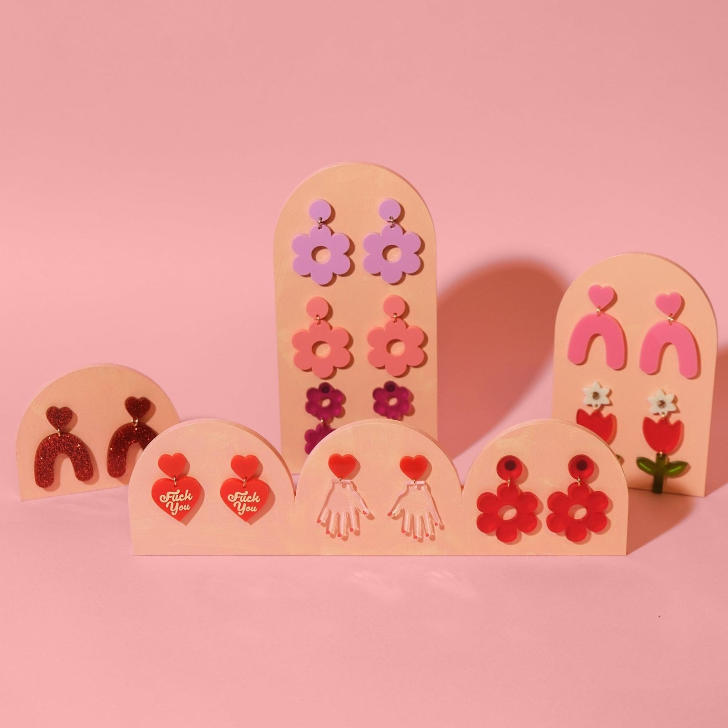 Heart Arches - Pink Acrylic Dangle Earrings - Sleepy Mountain