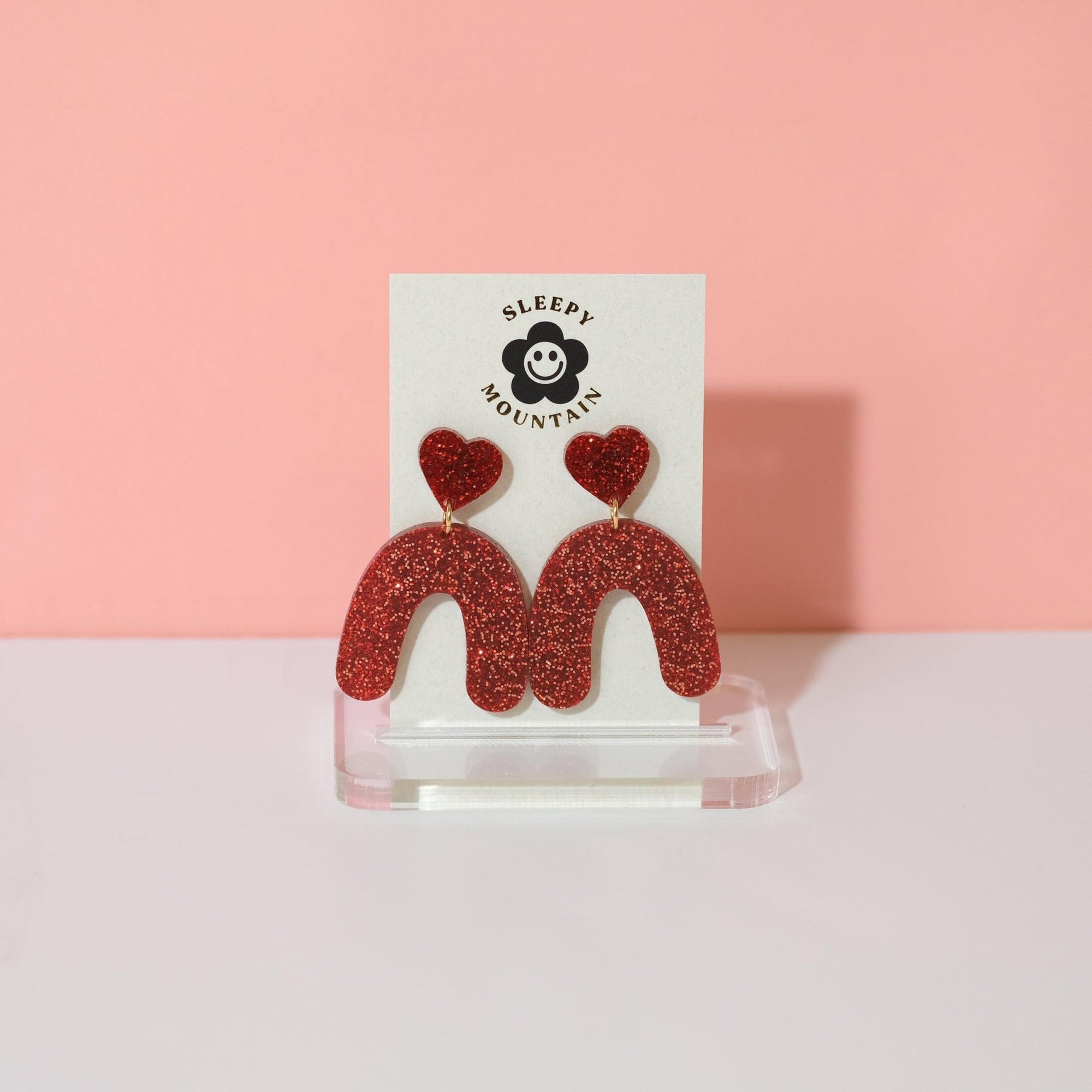 Heart Drop Arch Dangle Earrings - Red Glitter - Sleepy Mountain