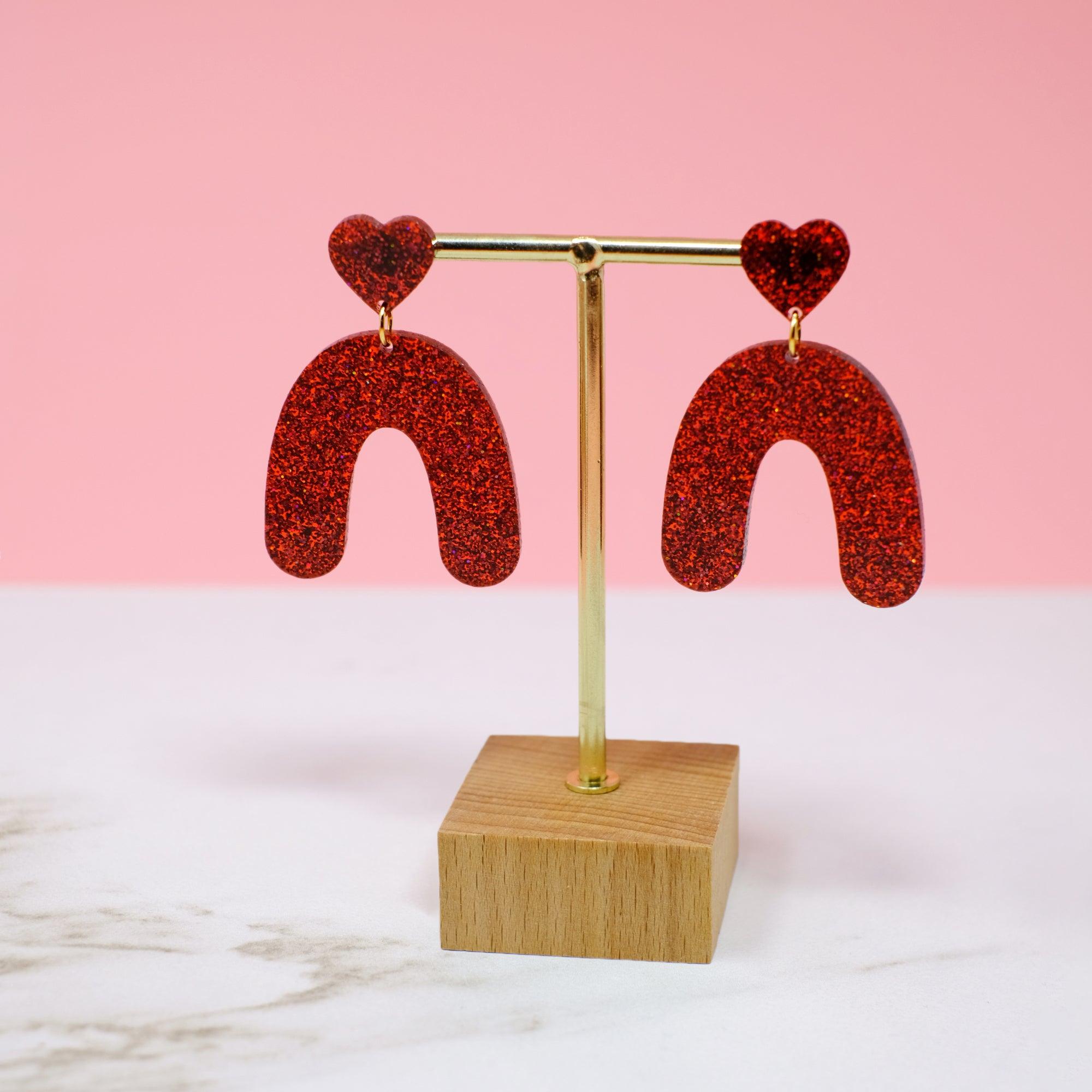 Heart Drop Arch Dangle Earrings - Red Glitter - Sleepy Mountain