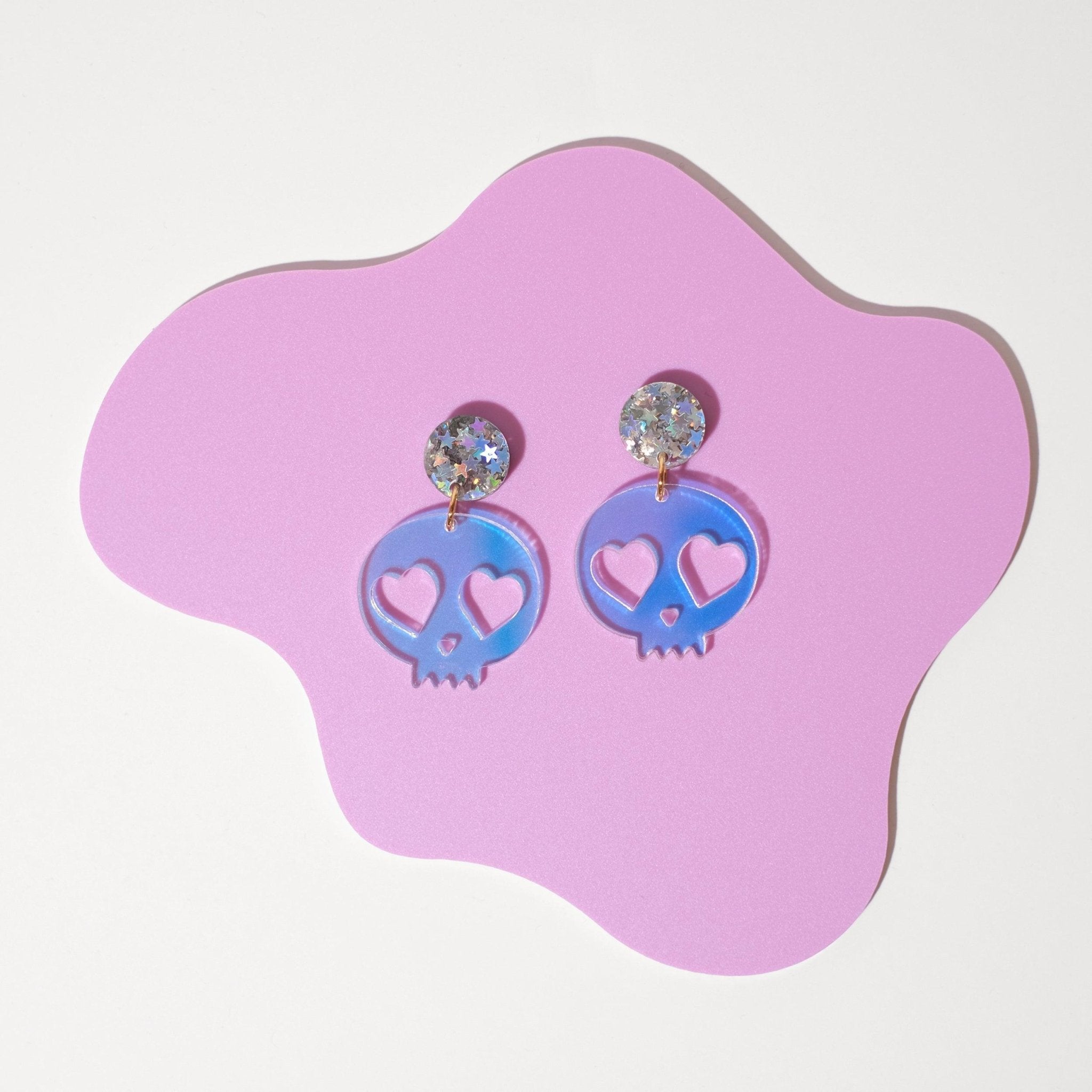 Heart Eye Skull Iridescent Dangle Earrings - Sleepy Mountain