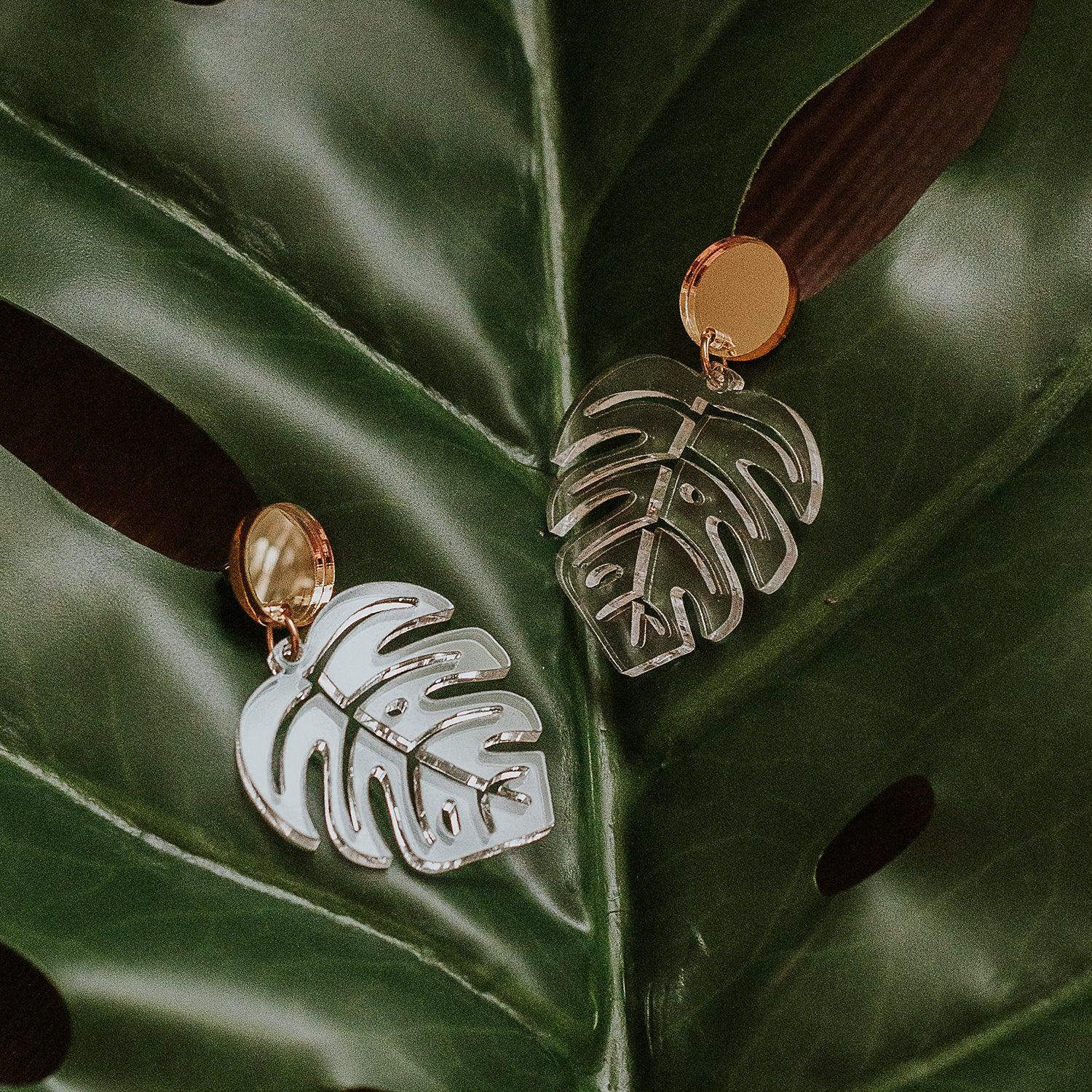 Monstera Leaf Dangle Earrings - Clear and Gold - Sleepy Mountain