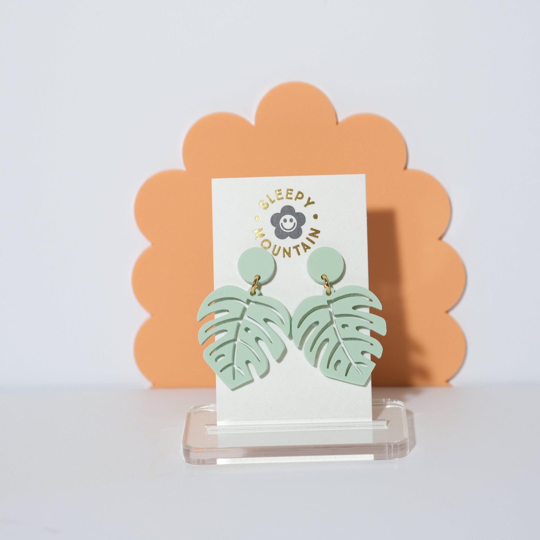 Monstera Leaf Dangle Earrings - Pastel Green - Sleepy Mountain