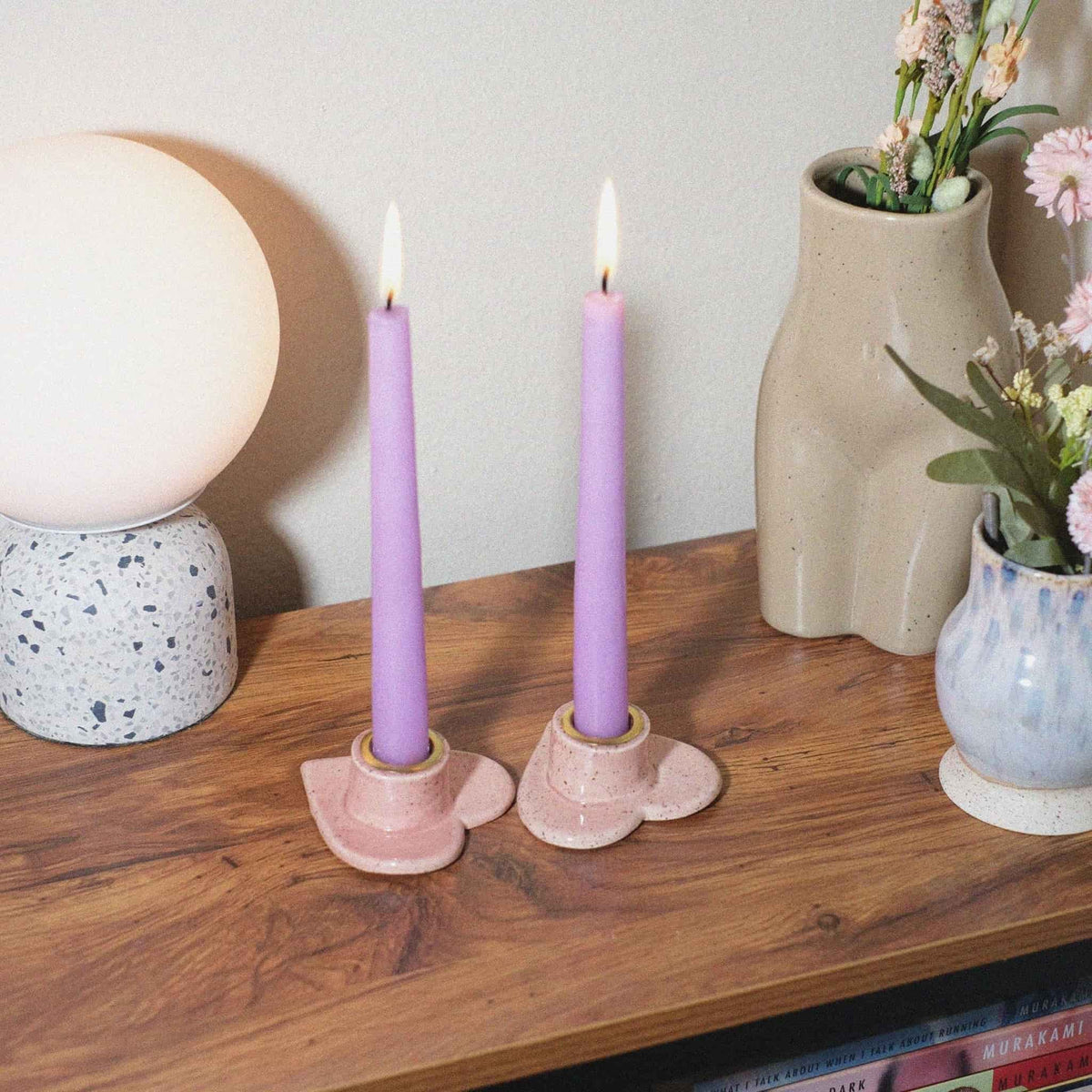 Pink speckled heart shaped candle holder set - Sleepy Mountain