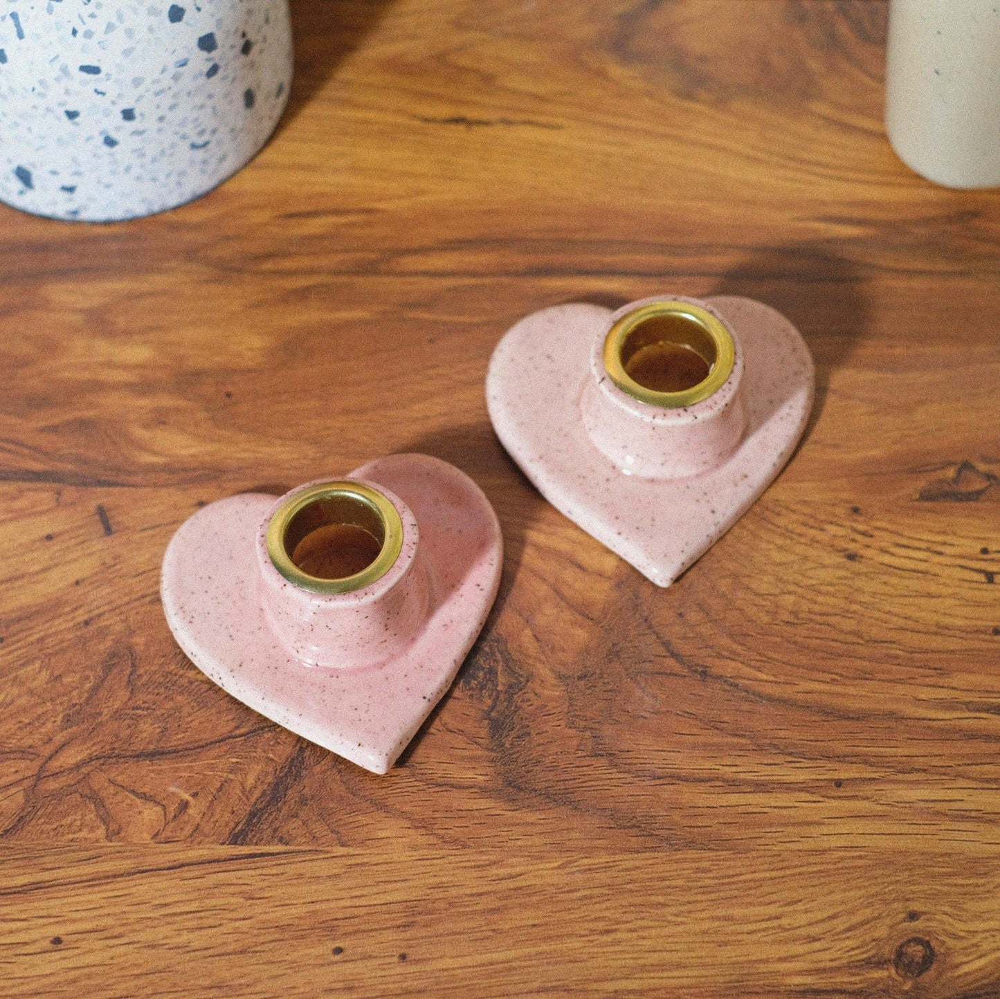 Pink speckled heart shaped candle holder set - Sleepy Mountain