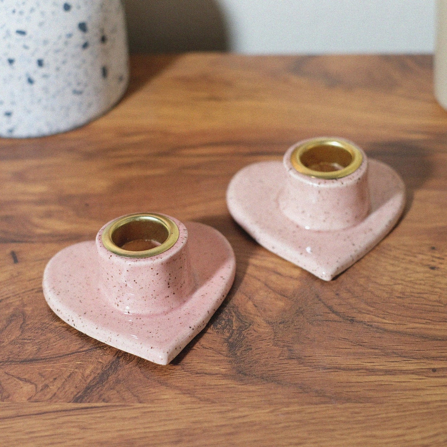 Pink speckled heart shaped candle holder set - Sleepy Mountain