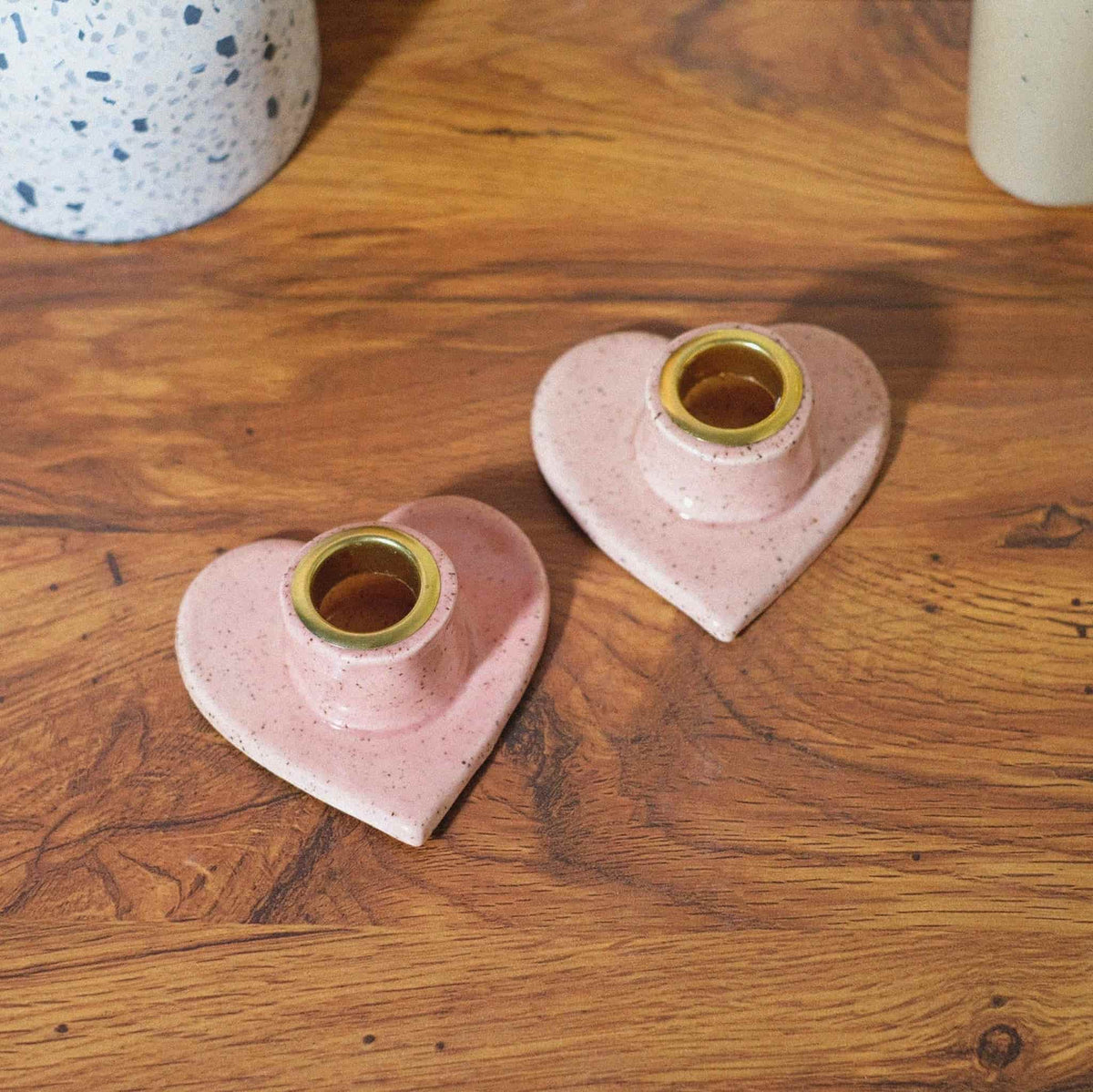 Pink speckled heart shaped candle holder set - Sleepy Mountain