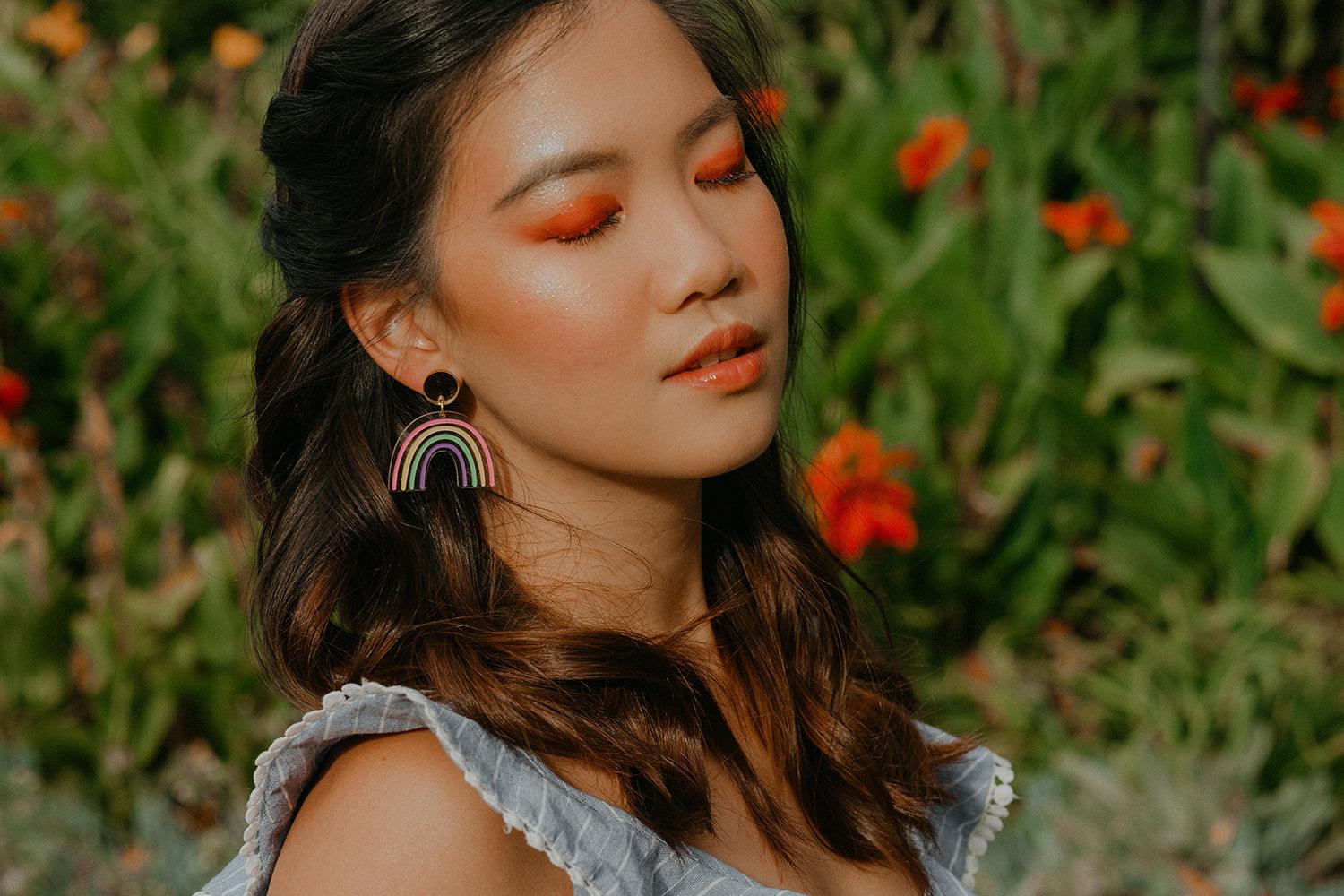 Rainbow Dangle Earrings - Clear and Gold - Sleepy Mountain