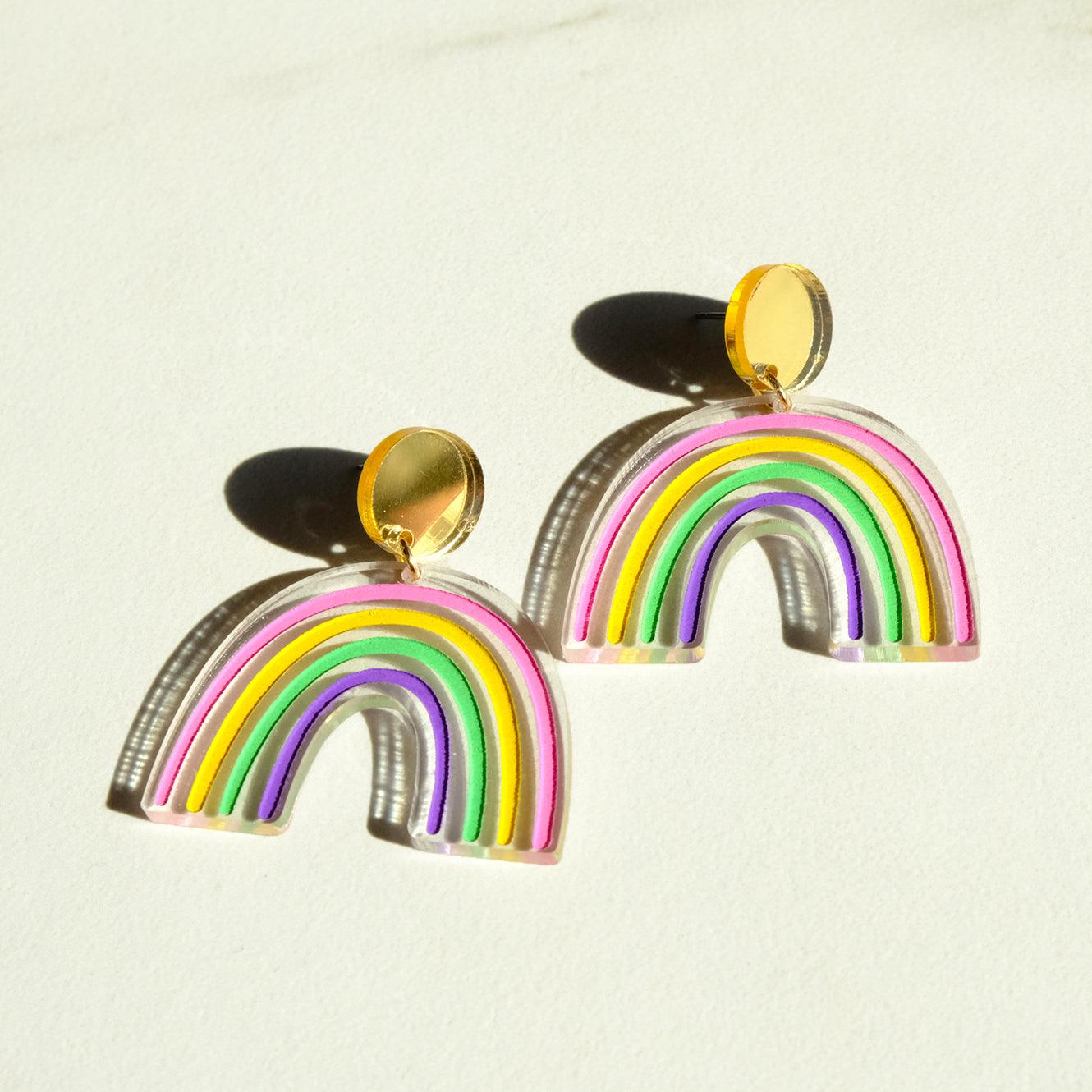 Rainbow Dangle Earrings - Clear and Gold - Sleepy Mountain