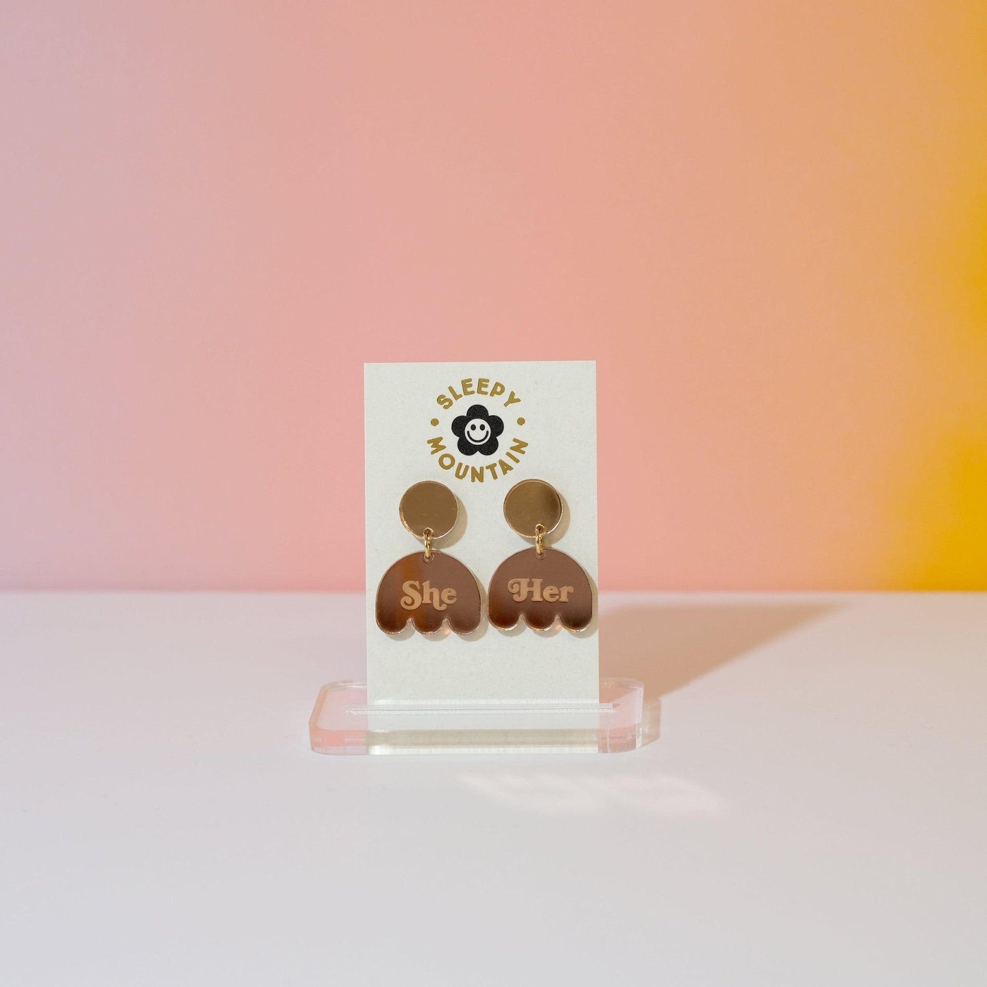 She/Her - Pronoun Dangle Earrings - Sleepy Mountain