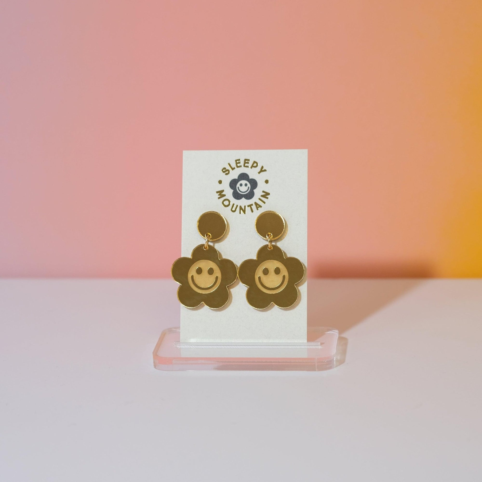 Smiley Daisy Dangle Earrings - Gold Mirror Acrylic - Sleepy Mountain