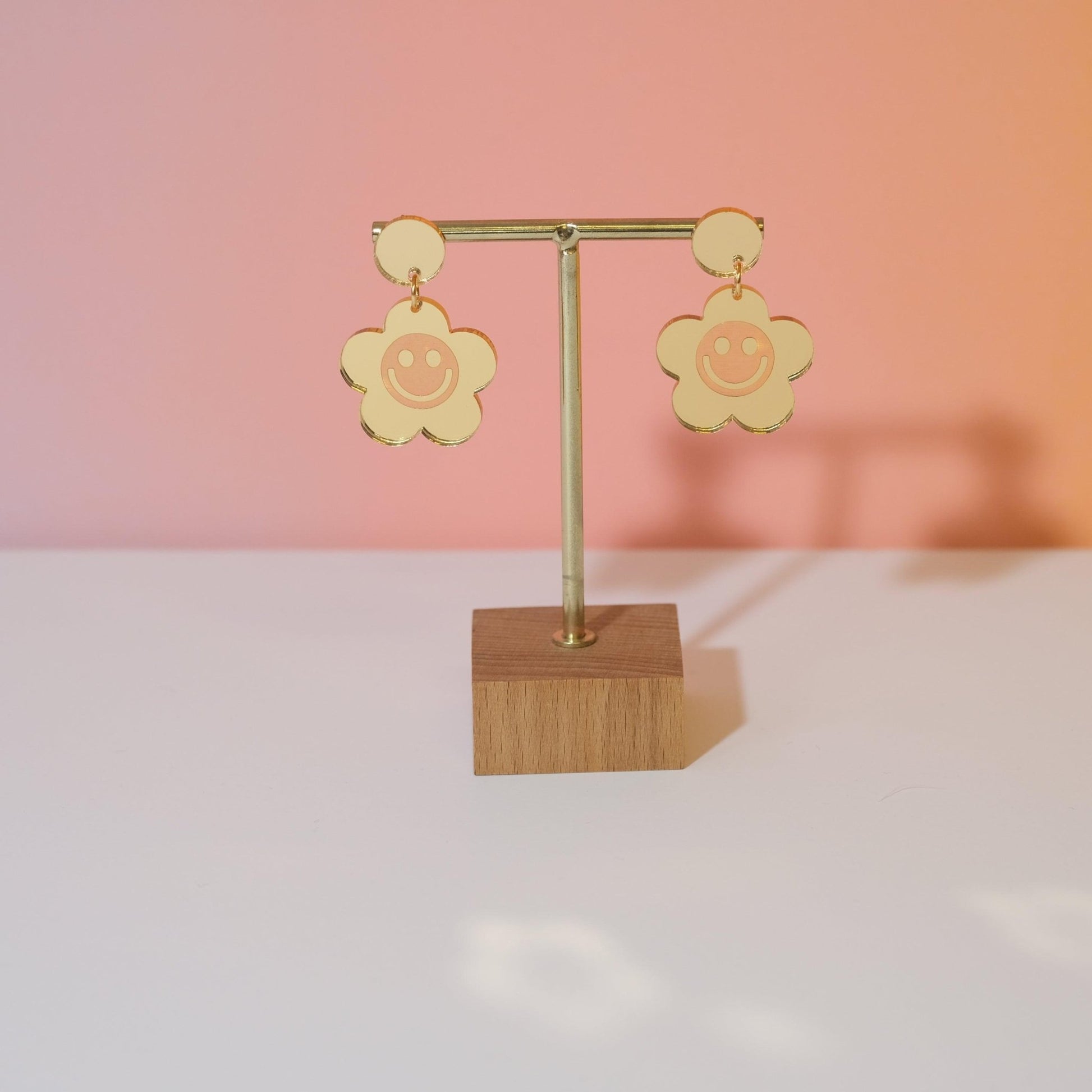 Smiley Daisy Dangle Earrings - Gold Mirror Acrylic - Sleepy Mountain