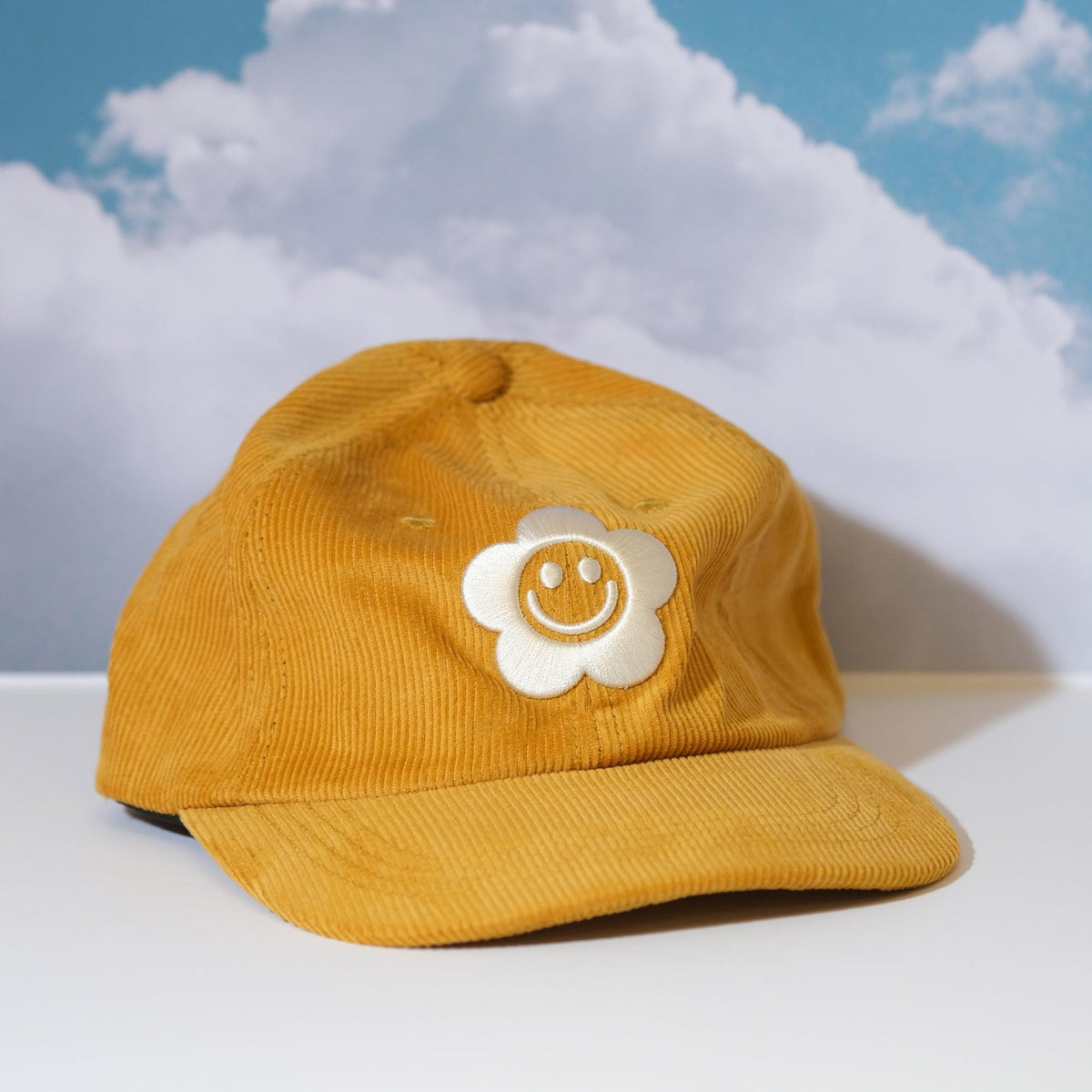 NWT Yellow Smile Face Corduroy Cap Smiley Flower Yellow Corduroy Dad Hat | Sleepy Mountain main image 3