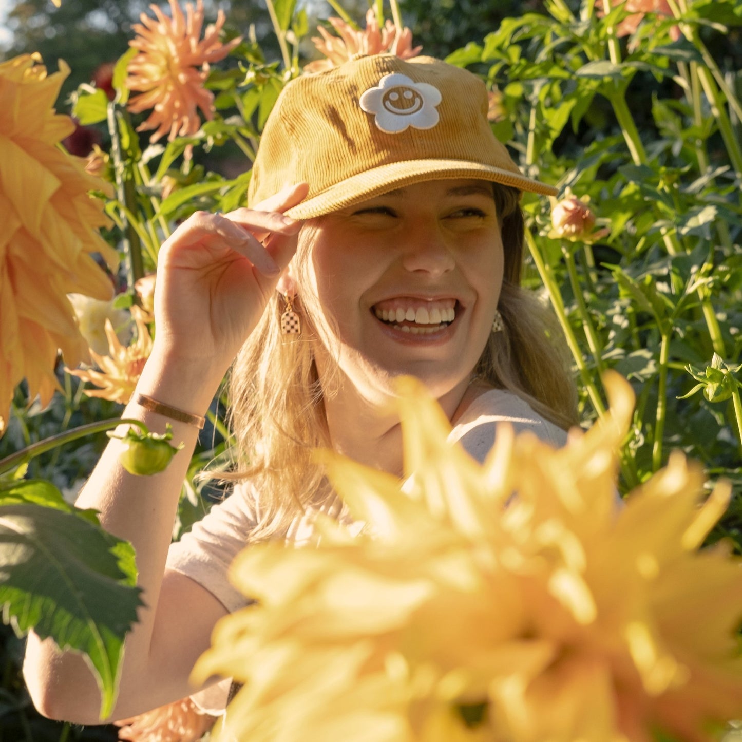 Smiley Flower Yellow Corduroy Dad Hat - Sleepy Mountain