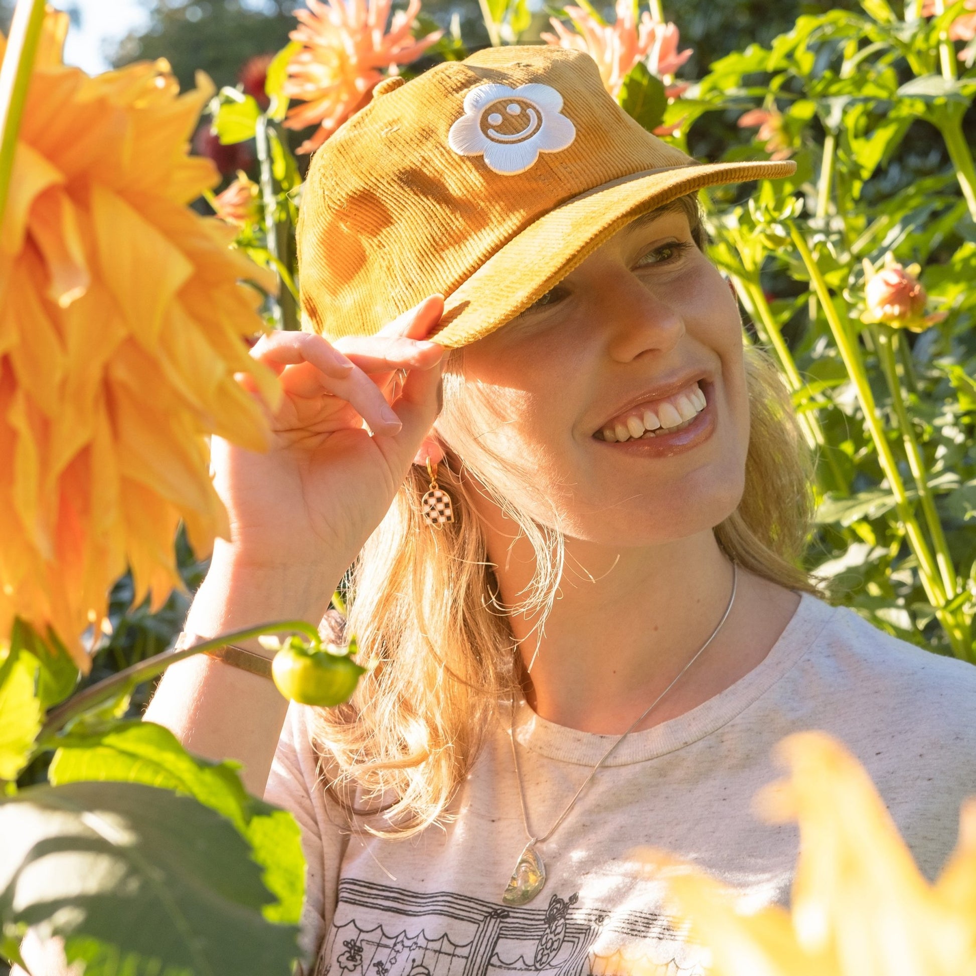 Smiley Flower Yellow Corduroy Dad Hat - Sleepy Mountain