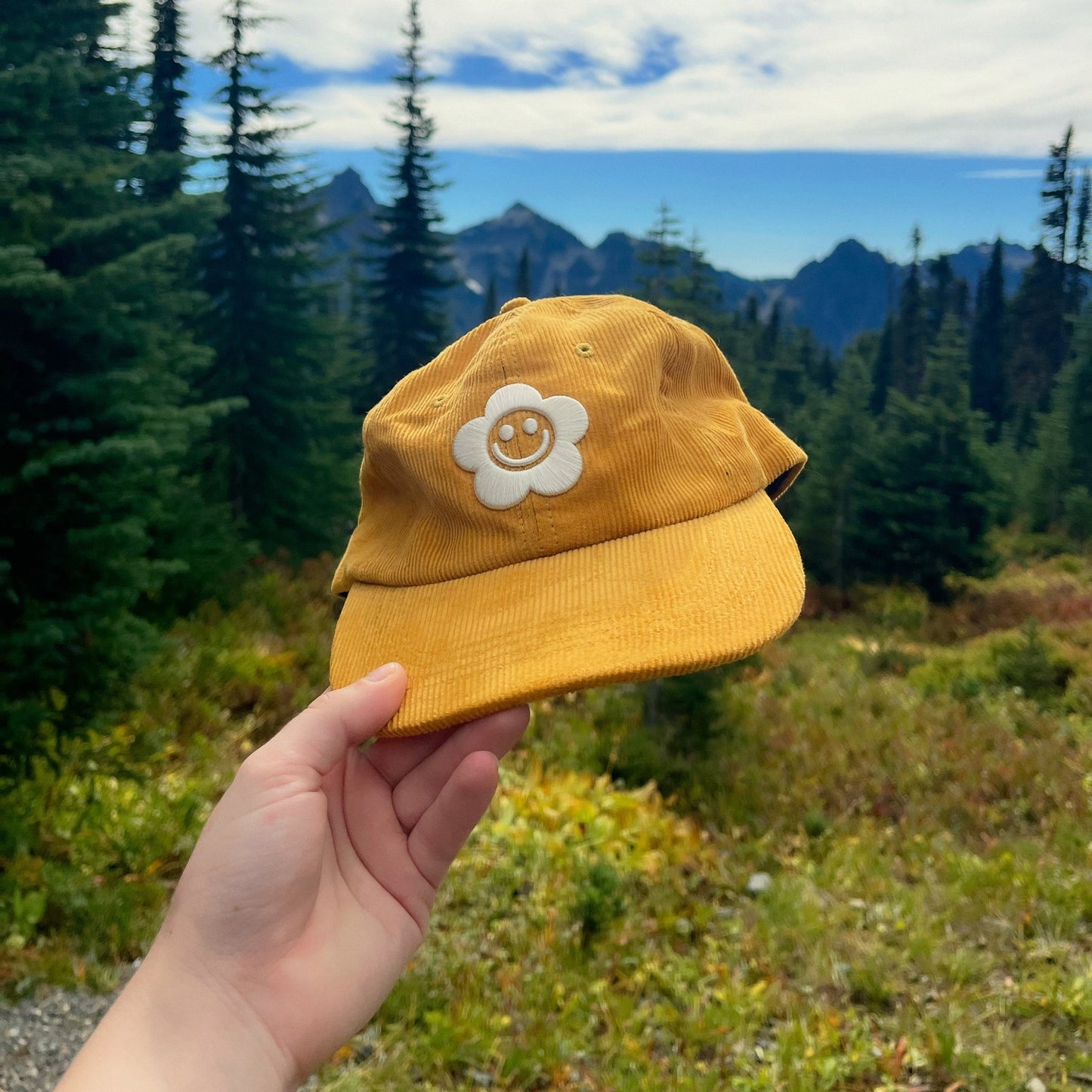 Smiley Flower Yellow Corduroy Dad Hat - Sleepy Mountain