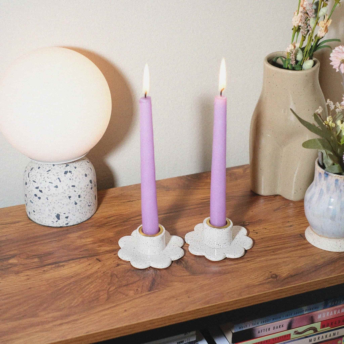 Speckled white flower candle holder set - Sleepy Mountain