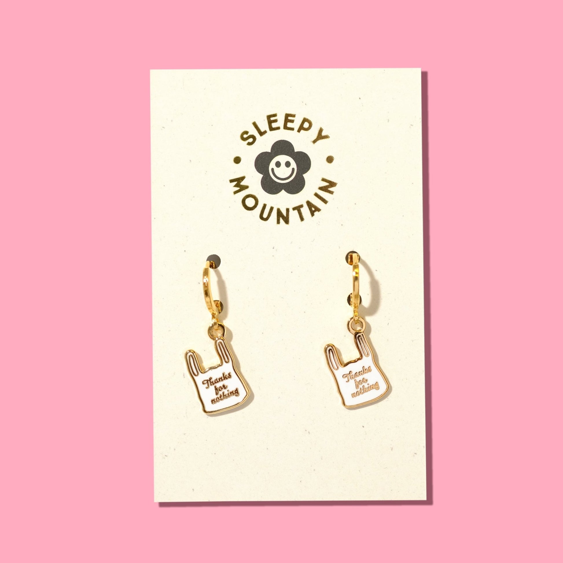 Thanks for nothing grocery bag huggie hoop earrings - Sleepy Mountain