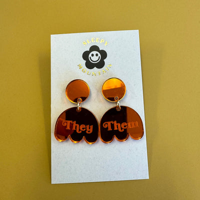They Them pronoun earrings - orange mirror acrylic - Sleepy Mountain